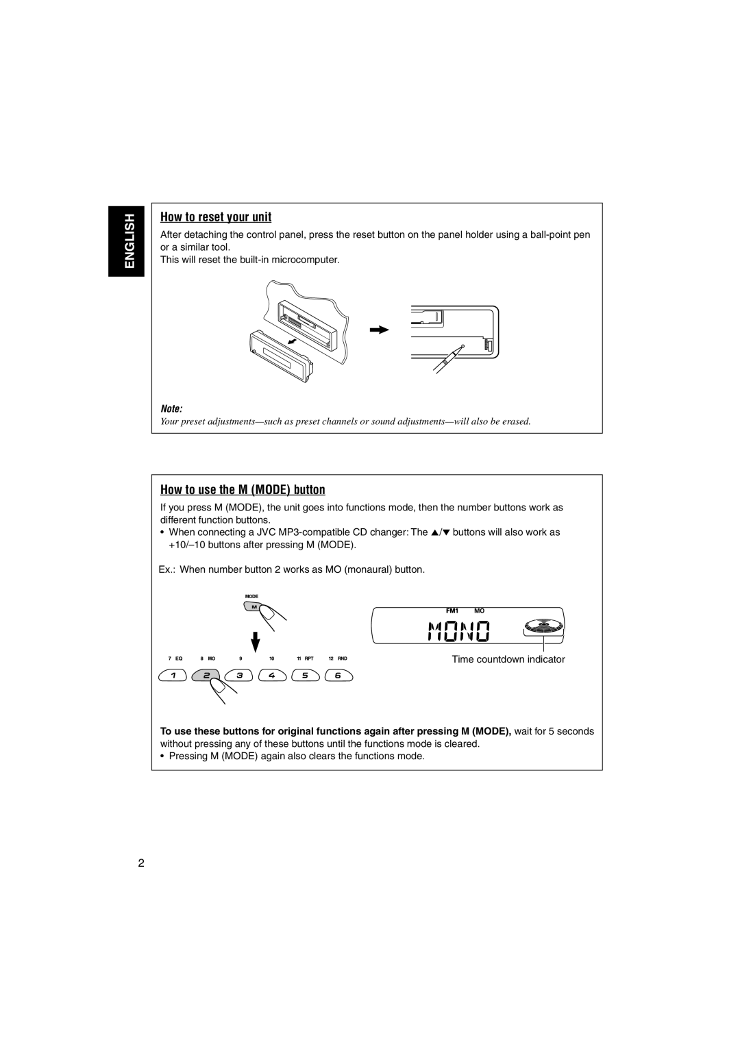 JVC GET0140-001A, KS-FX842R manual How to reset your unit, How to use the M Mode button 