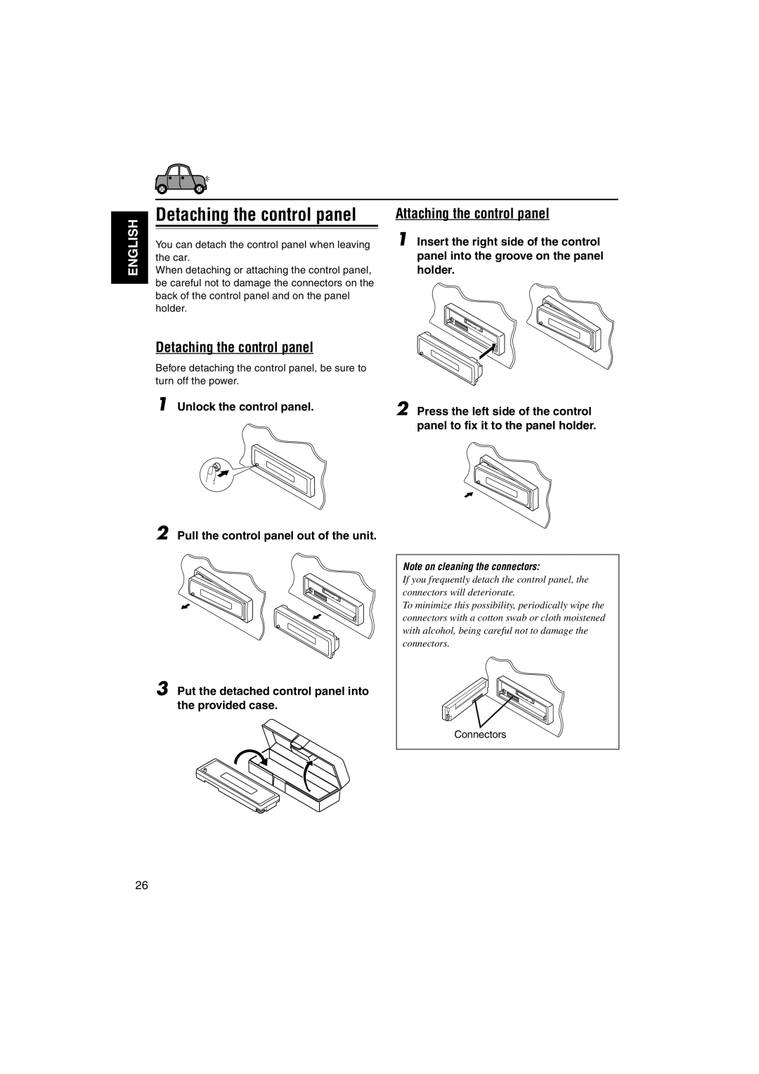 JVC GET0140-001A, KS-FX842R manual Detaching the control panel, Attaching the control panel, Connectors 