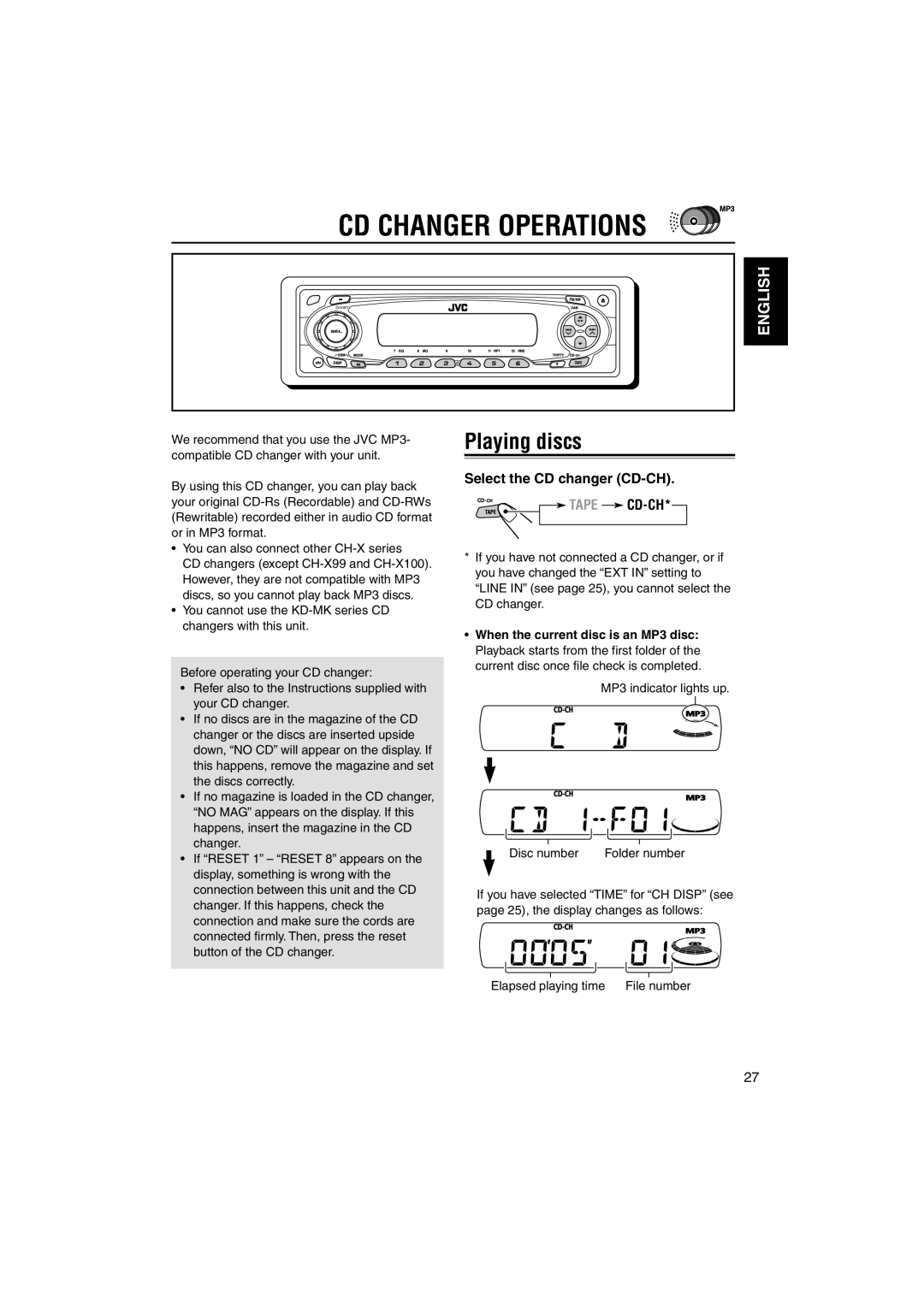 JVC KS-FX842R, GET0140-001A manual CD Changer Operations, Playing discs, Select the CD changer CD-CH, Tape CD-CH 