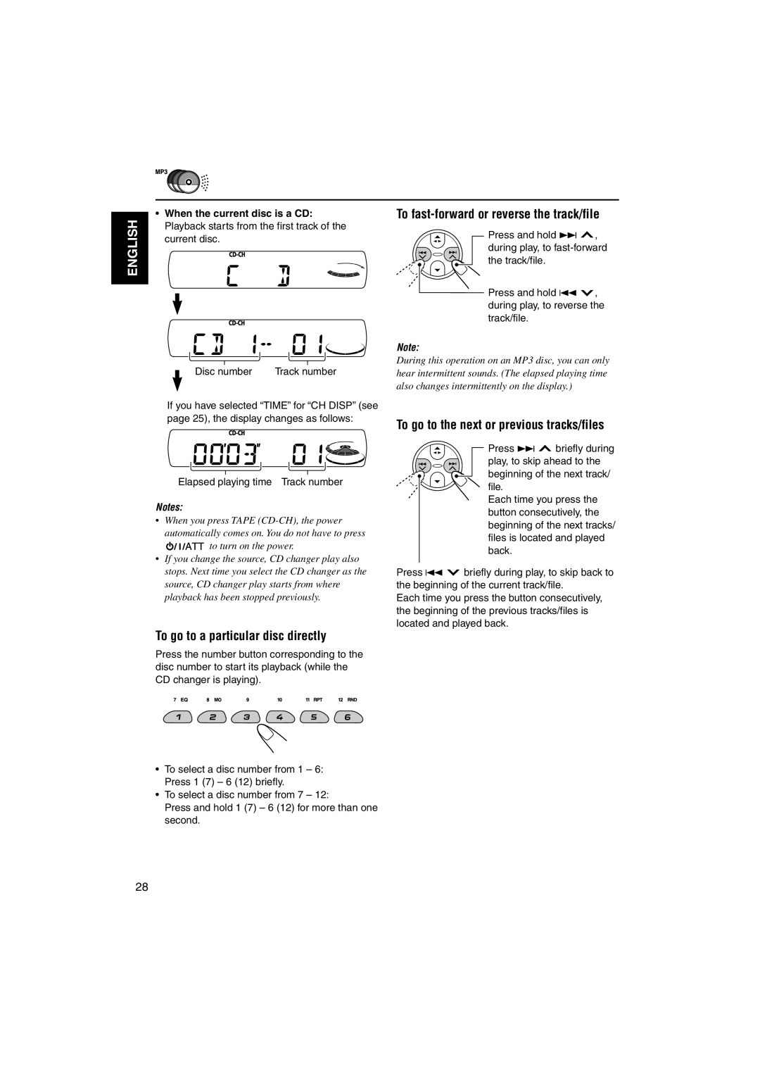 JVC GET0140-001A, KS-FX842R manual To go to a particular disc directly, To fast-forward or reverse the track/file 