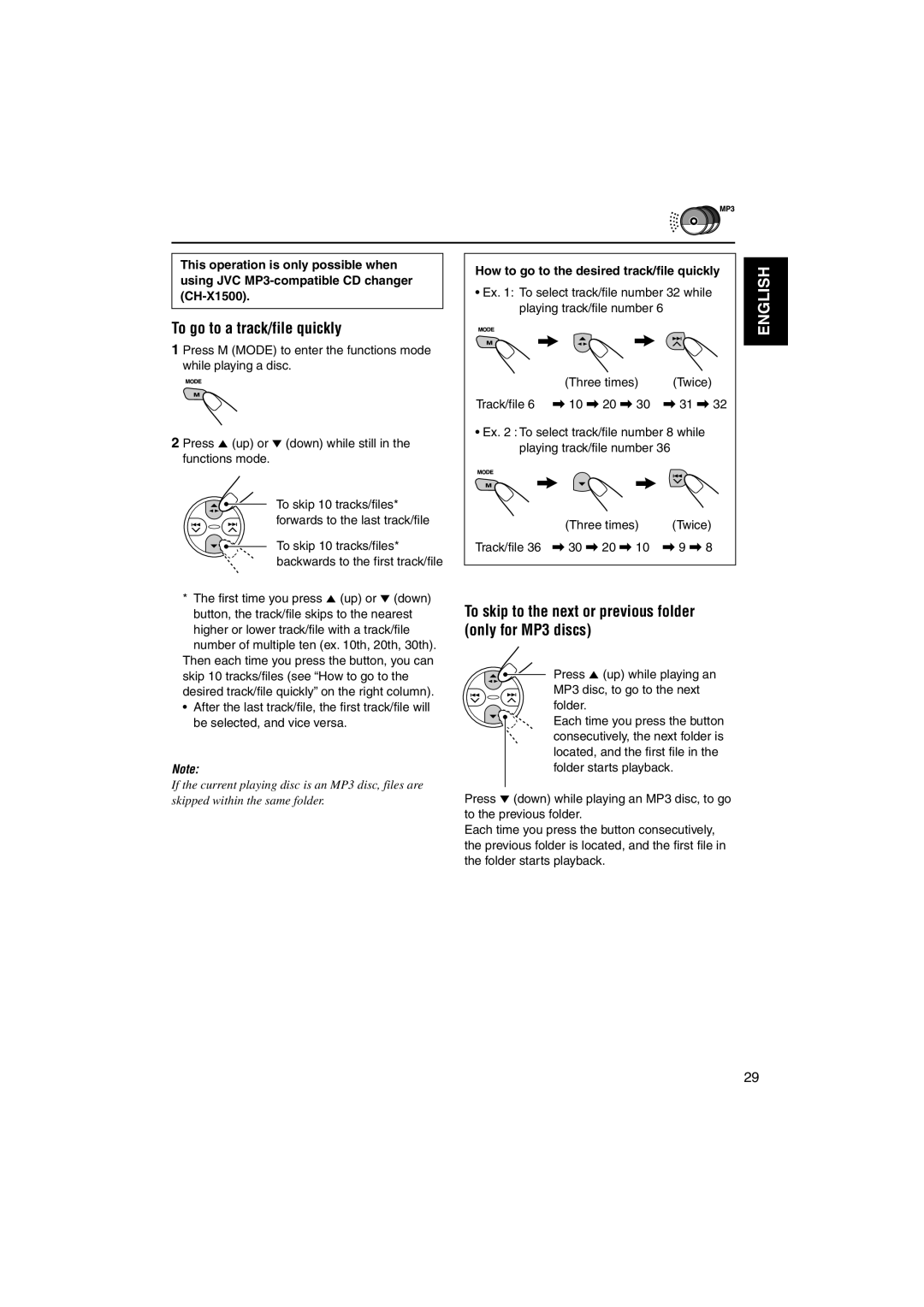 JVC KS-FX842R, GET0140-001A manual To go to a track/file quickly, To skip to the next or previous folder only for MP3 discs 