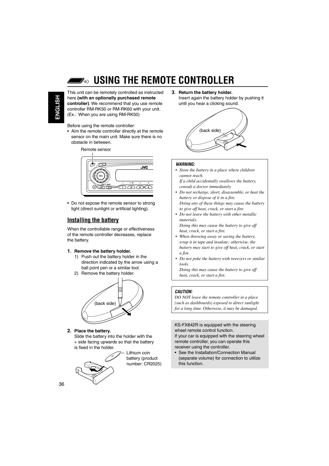 JVC GET0140-001A, KS-FX842R manual Using the Remote Controller, Installing the battery 