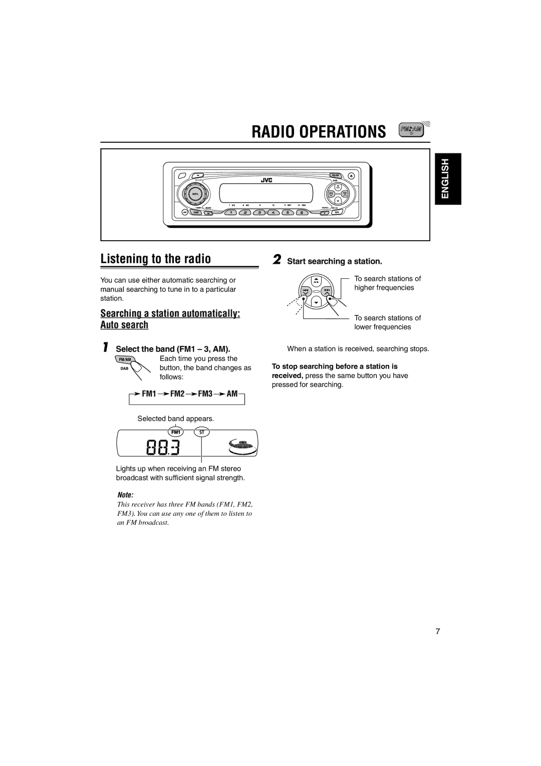 JVC KS-FX842R, GET0140-001A manual Radio Operations, Listening to the radio, Searching a station automatically Auto search 