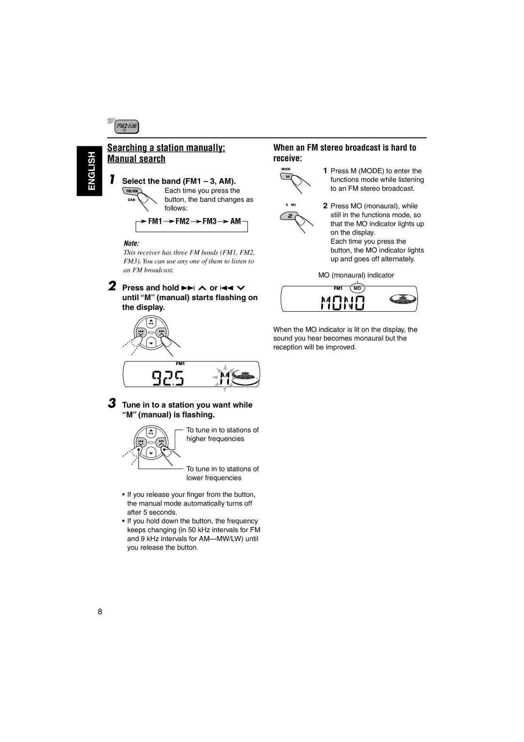 JVC GET0140-001A, KS-FX842R Searching a station manually Manual search, When an FM stereo broadcast is hard to receive 