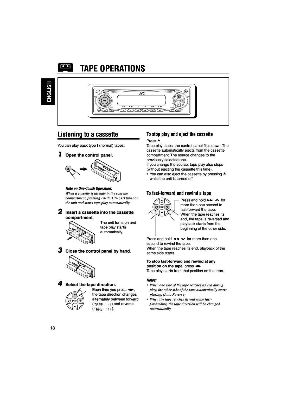 JVC GET0140-001A, KS-FX842R manual Tape Operations, Listening to a cassette, English, To stop play and eject the cassette 