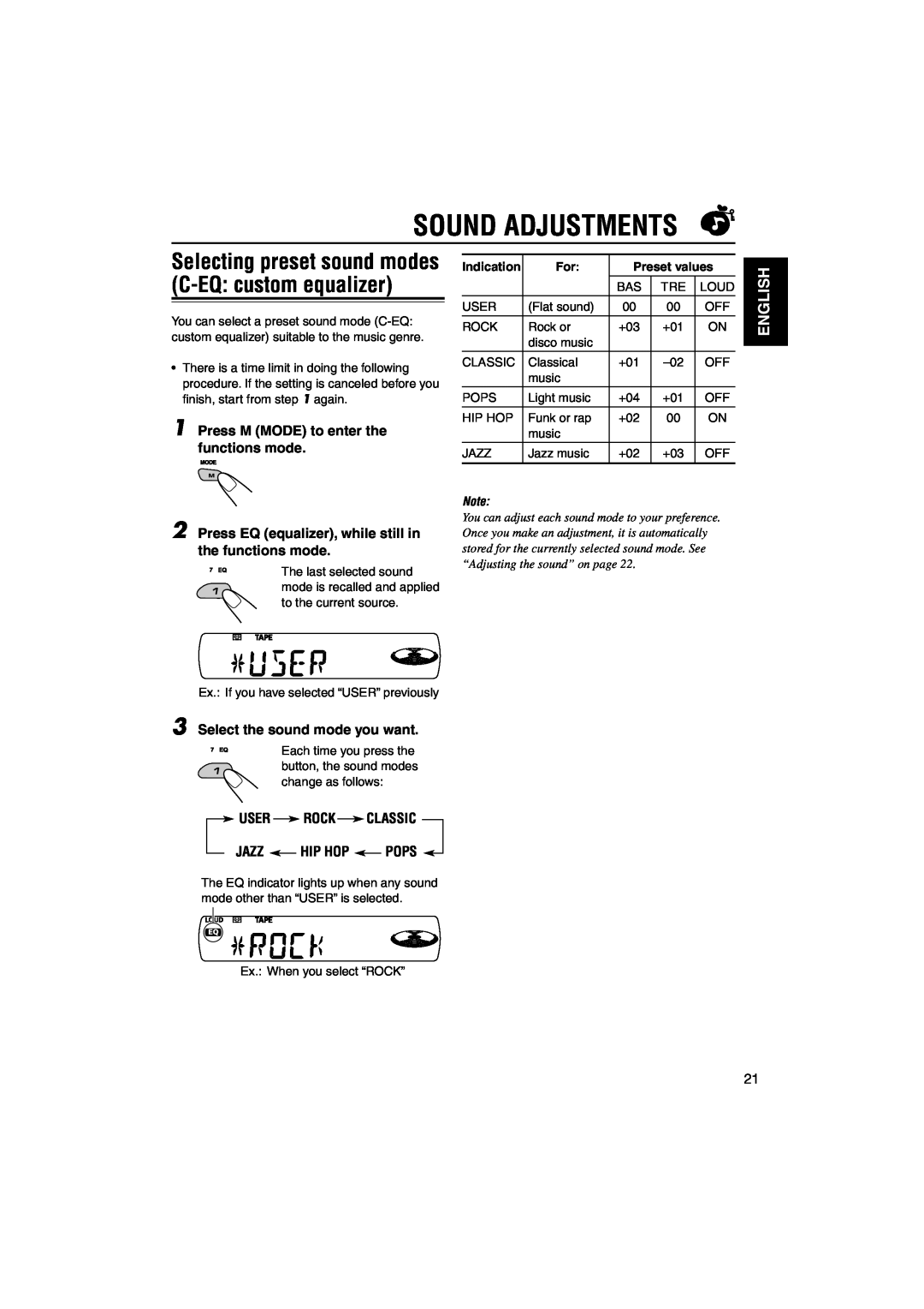 JVC KS-FX842R, GET0140-001A Sound Adjustments, Selecting preset sound modes C-EQ custom equalizer, English, Preset values 