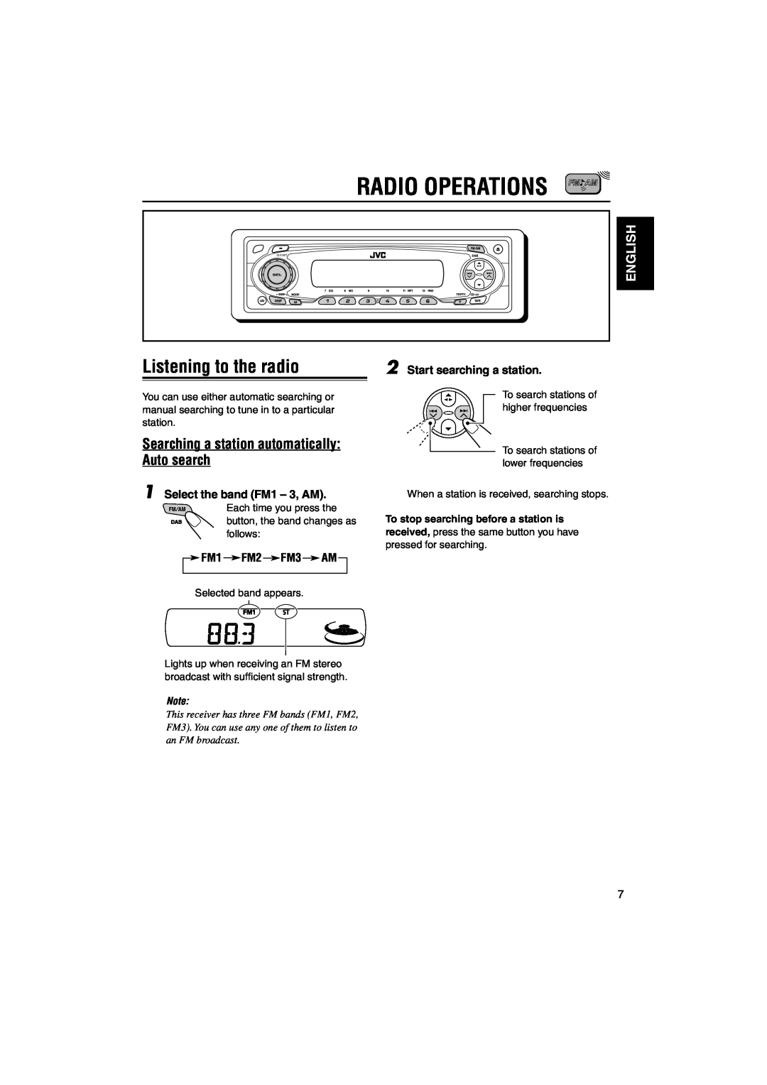 JVC KS-FX842R manual Radio Operations, Listening to the radio, Searching a station automatically Auto search, English 