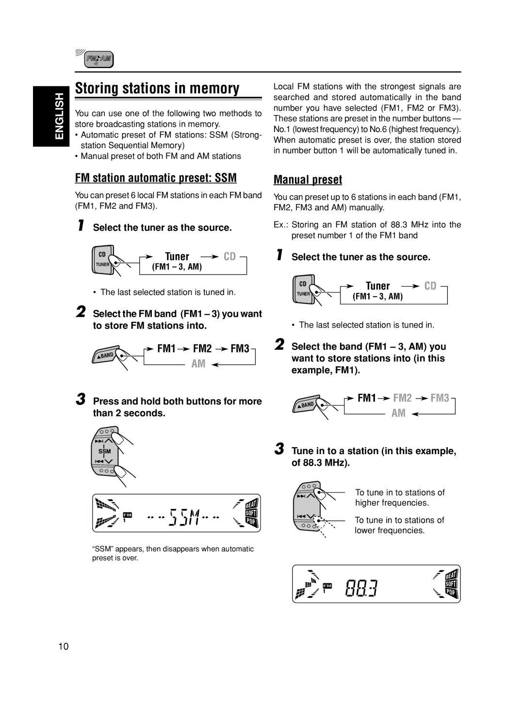 JVC GET0163-001A, KD-S845 manual Storing stations in memory, FM station automatic preset SSM, Manual preset 