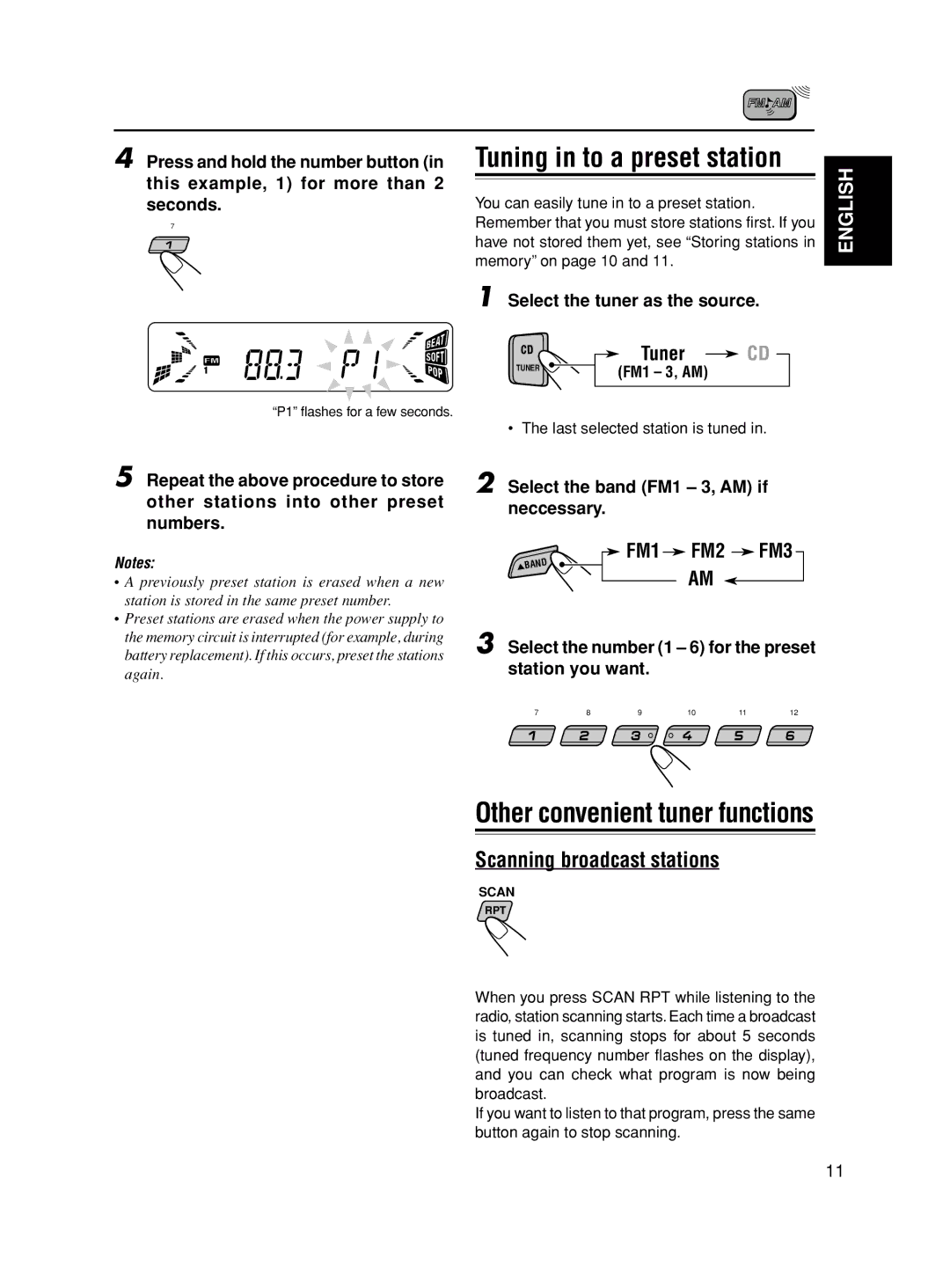 JVC KD-S845, GET0163-001A manual Tuning in to a preset station, Scanning broadcast stations 