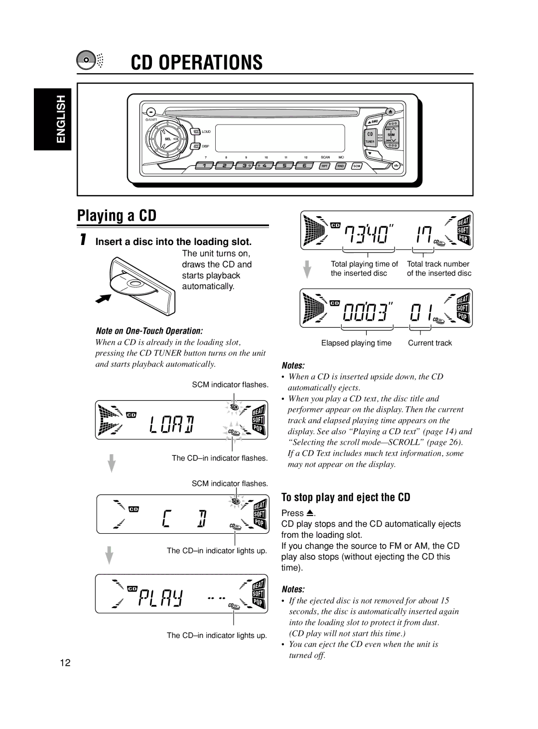 JVC GET0163-001A, KD-S845 CD Operations, Playing a CD, To stop play and eject the CD, Insert a disc into the loading slot 