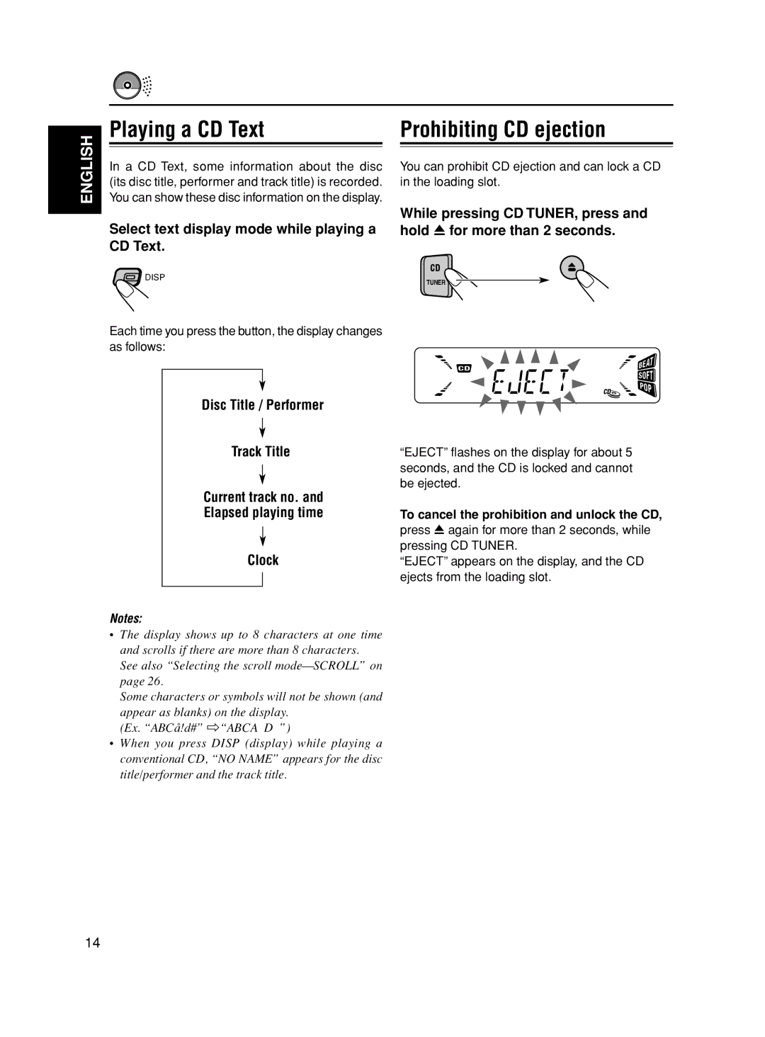 JVC GET0163-001A, KD-S845 manual Playing a CD Text, Prohibiting CD ejection, Select text display mode while playing a 