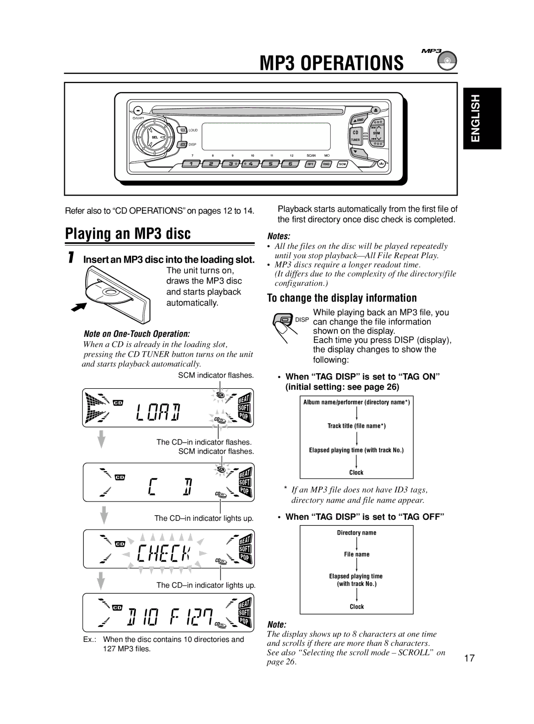 JVC KD-S845, GET0163-001A manual MP3 Operations, Playing an MP3 disc, To change the display information 