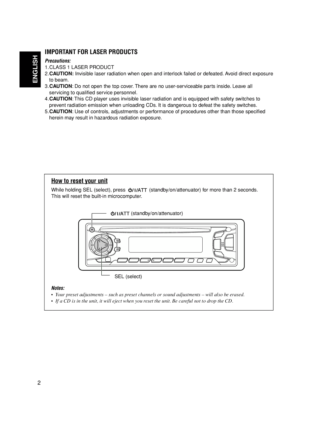 JVC GET0163-001A, KD-S845 manual Important for Laser Products, How to reset your unit 