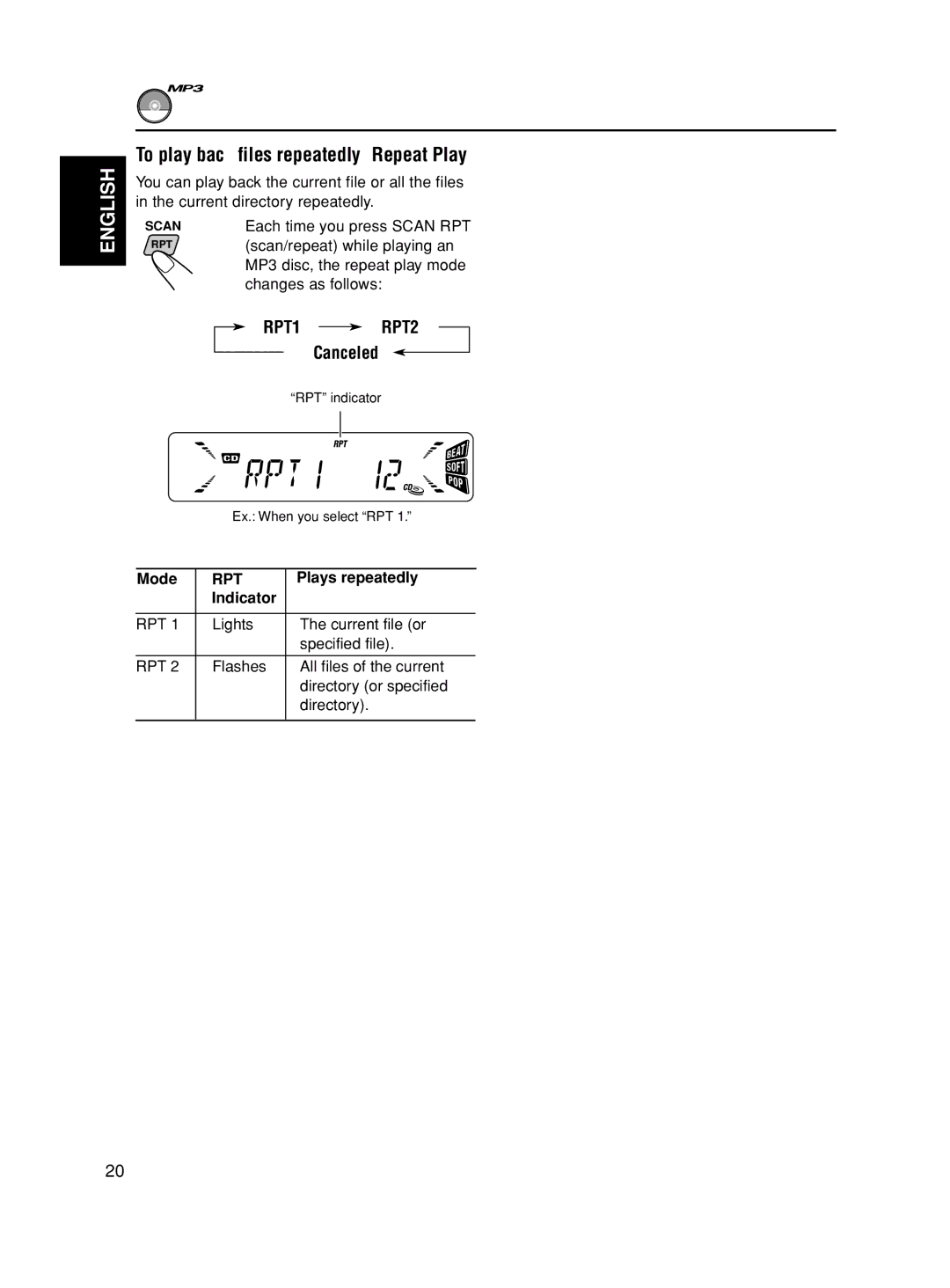 JVC GET0163-001A, KD-S845 manual To play back files repeatedly Repeat Play, RPT1 RPT2, Plays repeatedly 