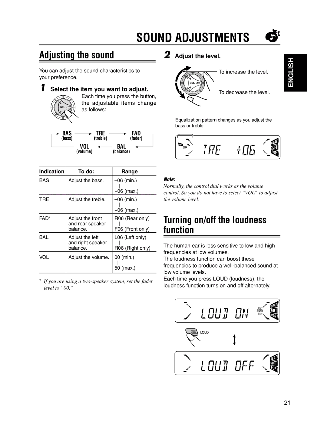 JVC KD-S845, GET0163-001A manual Sound Adjustments, Adjusting the sound, Turning on/off the loudness function, Bal 