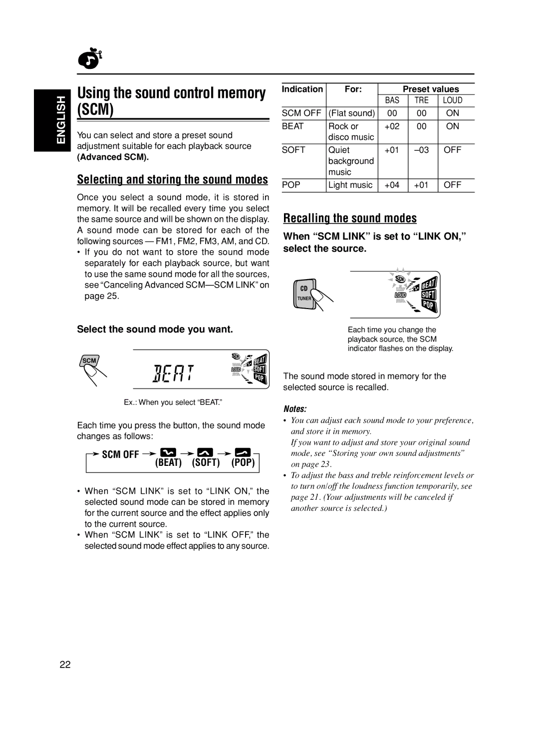 JVC GET0163-001A, KD-S845 manual Using the sound control memory, Recalling the sound modes, Beat Soft POP 