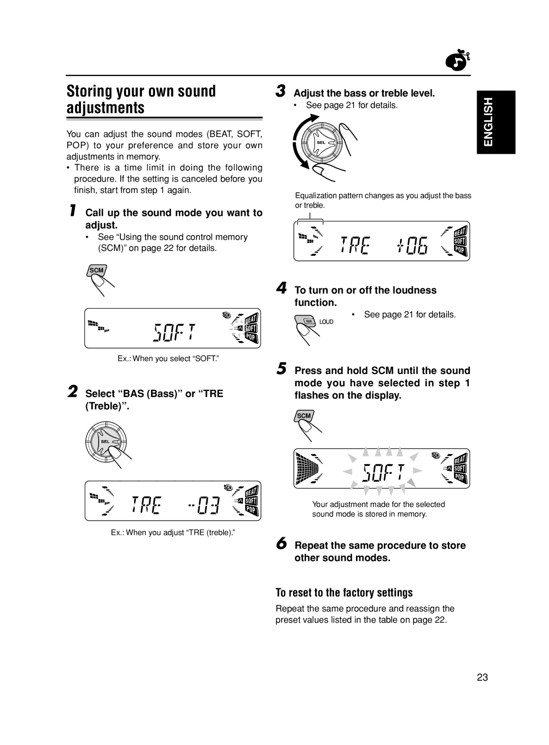 JVC KD-S845, GET0163-001A manual Storing your own sound, Adjustments, To reset to the factory settings 