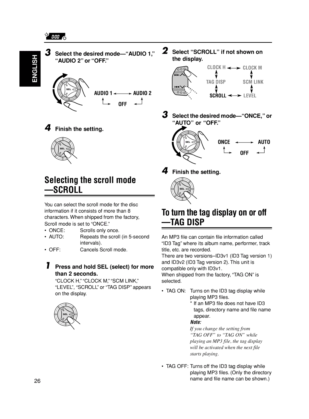 JVC GET0163-001A, KD-S845 manual Selecting the scroll mode, To turn the tag display on or off 