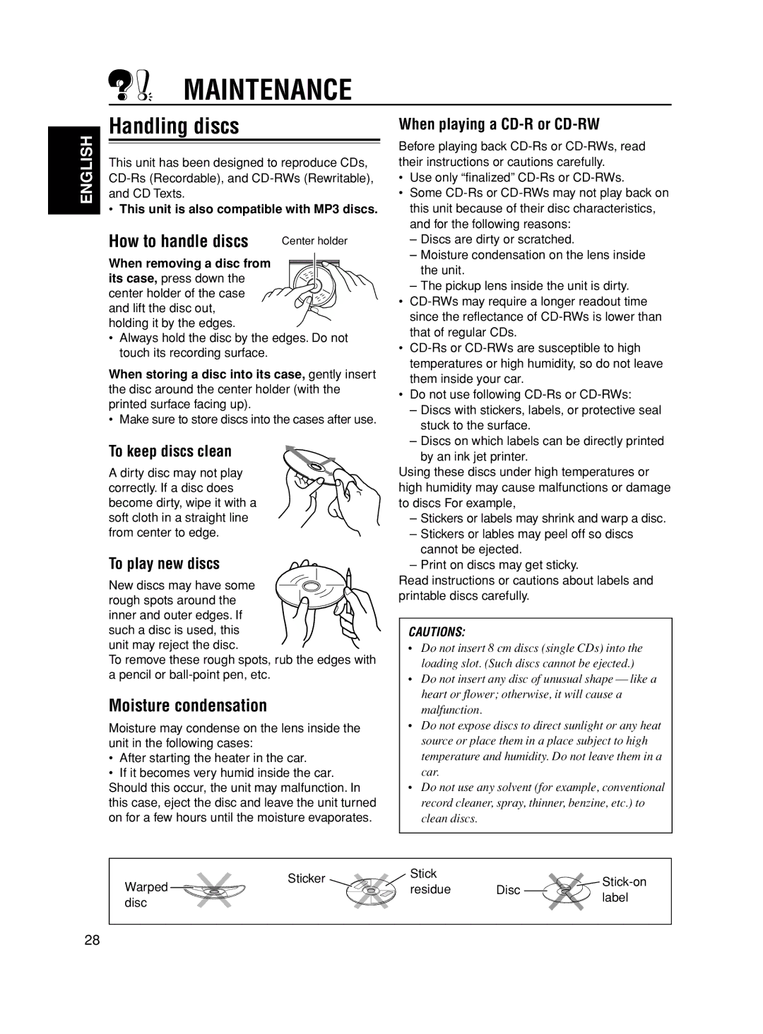 JVC GET0163-001A, KD-S845 manual Maintenance, Handling discs, How to handle discs, Moisture condensation 