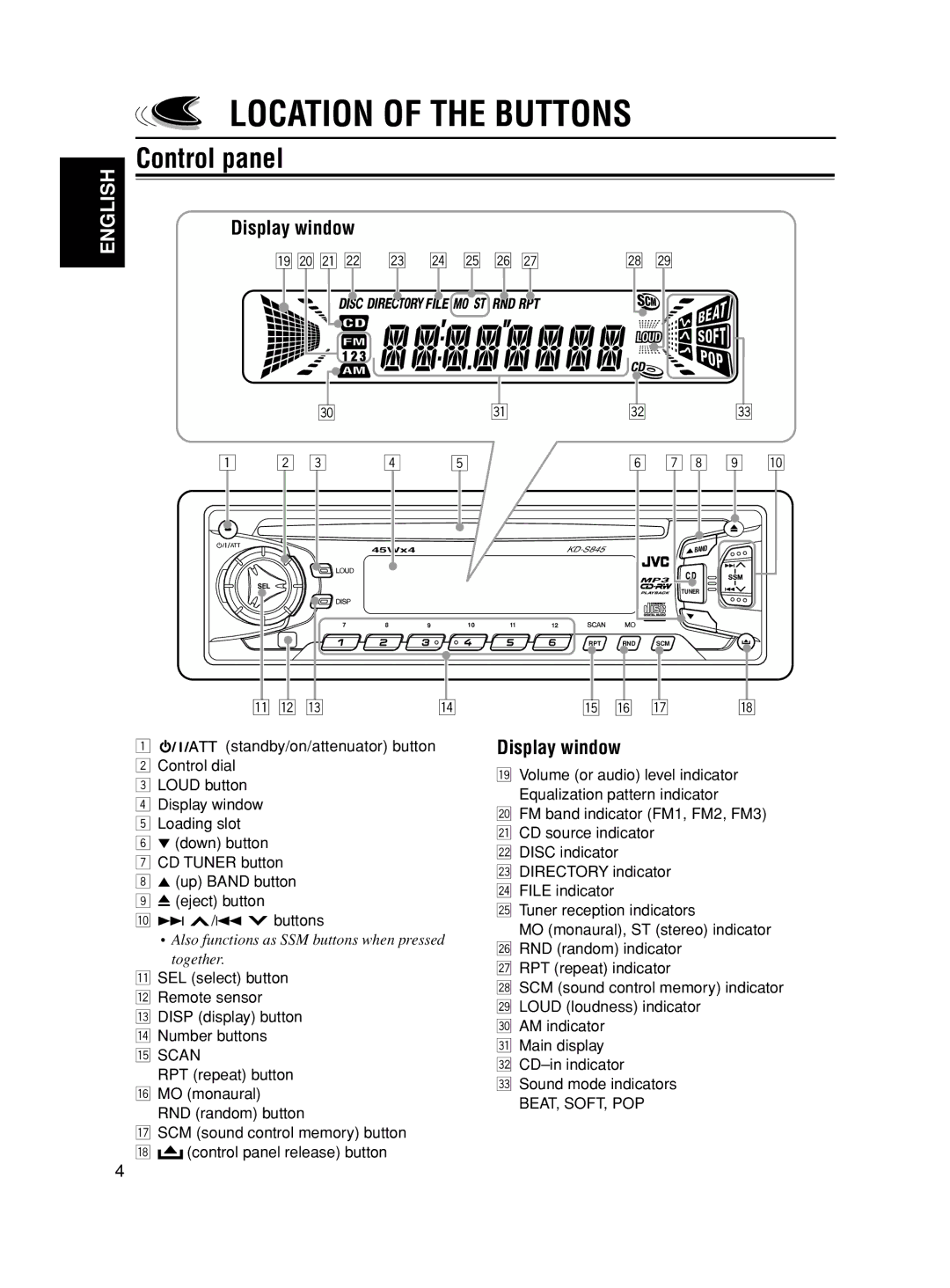 JVC GET0163-001A, KD-S845 manual Location of the Buttons, Control panel, Display window 