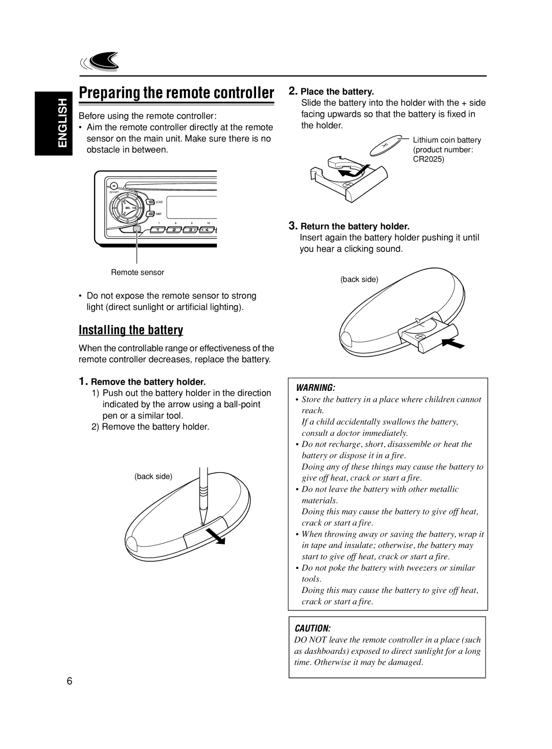 JVC GET0163-001A Preparing the remote controller, Installing the battery, Remove the battery holder, Place the battery 