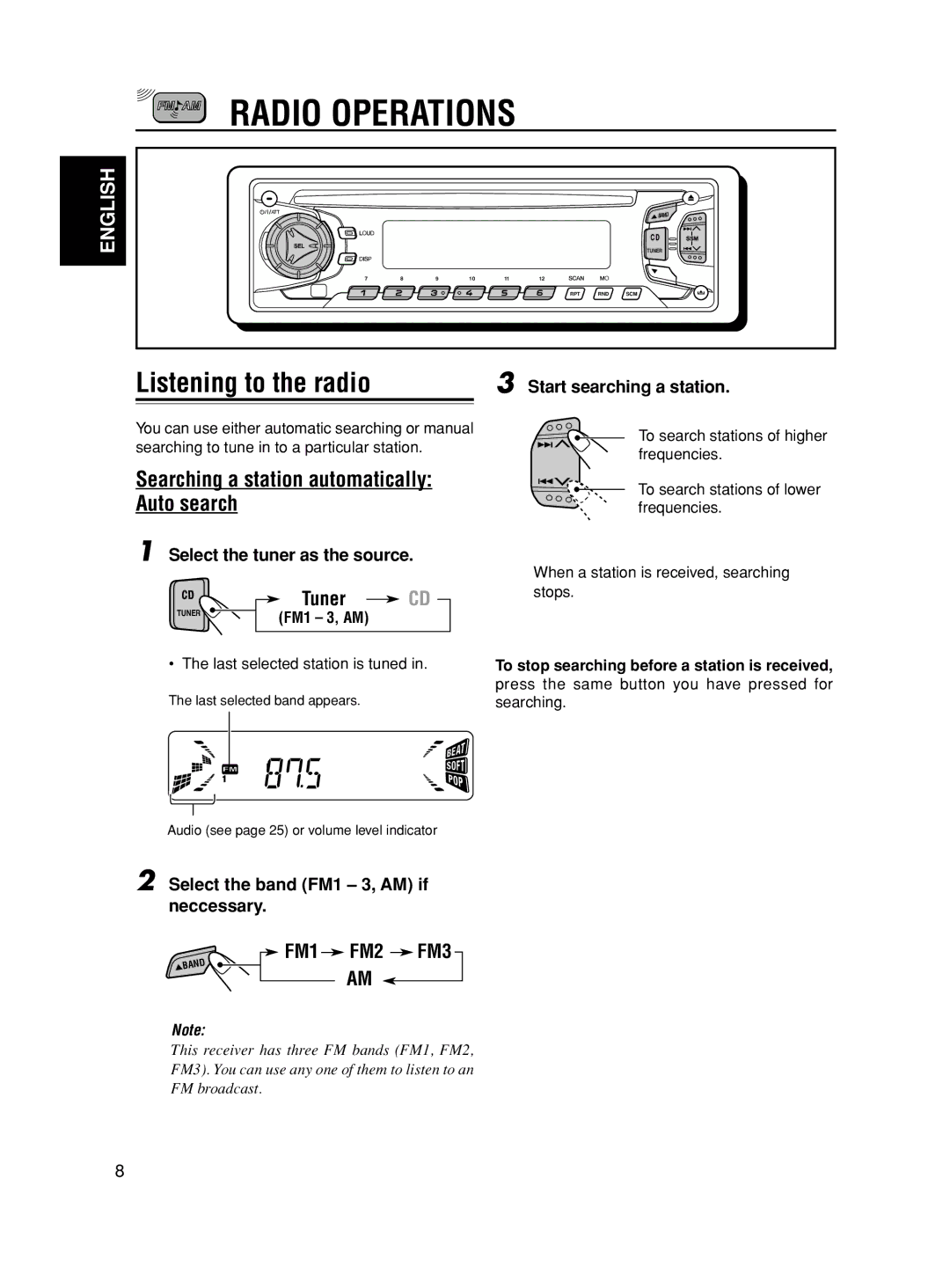 JVC GET0163-001A Radio Operations, Listening to the radio, Searching a station automatically Auto search, FM1 FM2 FM3 