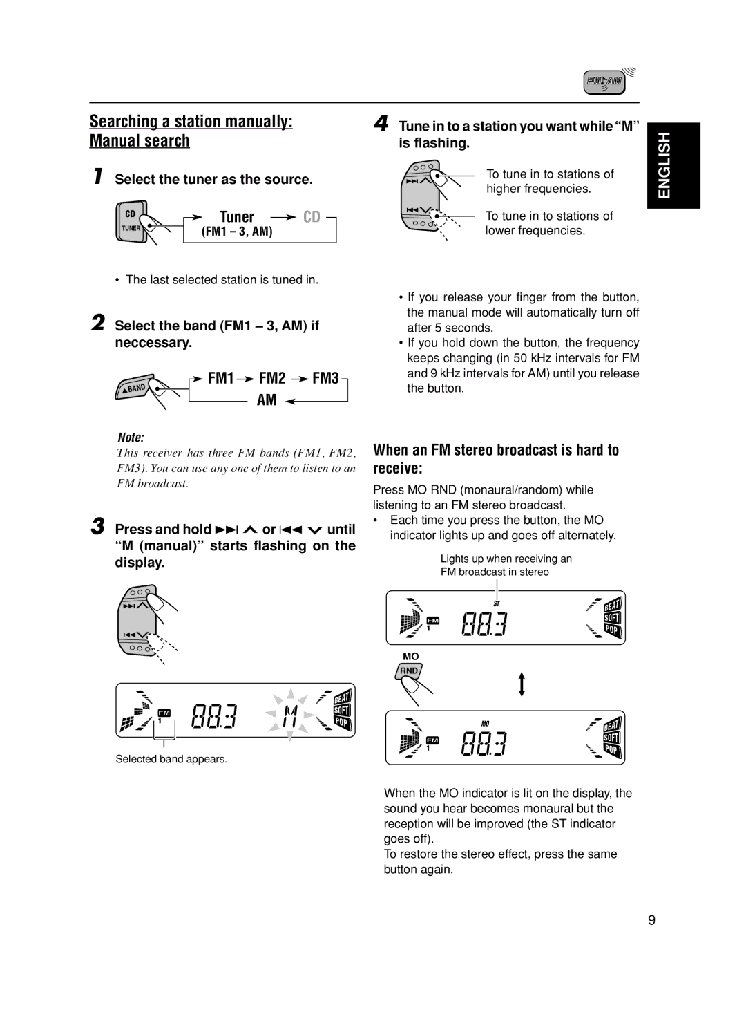 JVC KD-S845, GET0163-001A Searching a station manually Manual search, FM1 FM2 FM3 5BAND AM 