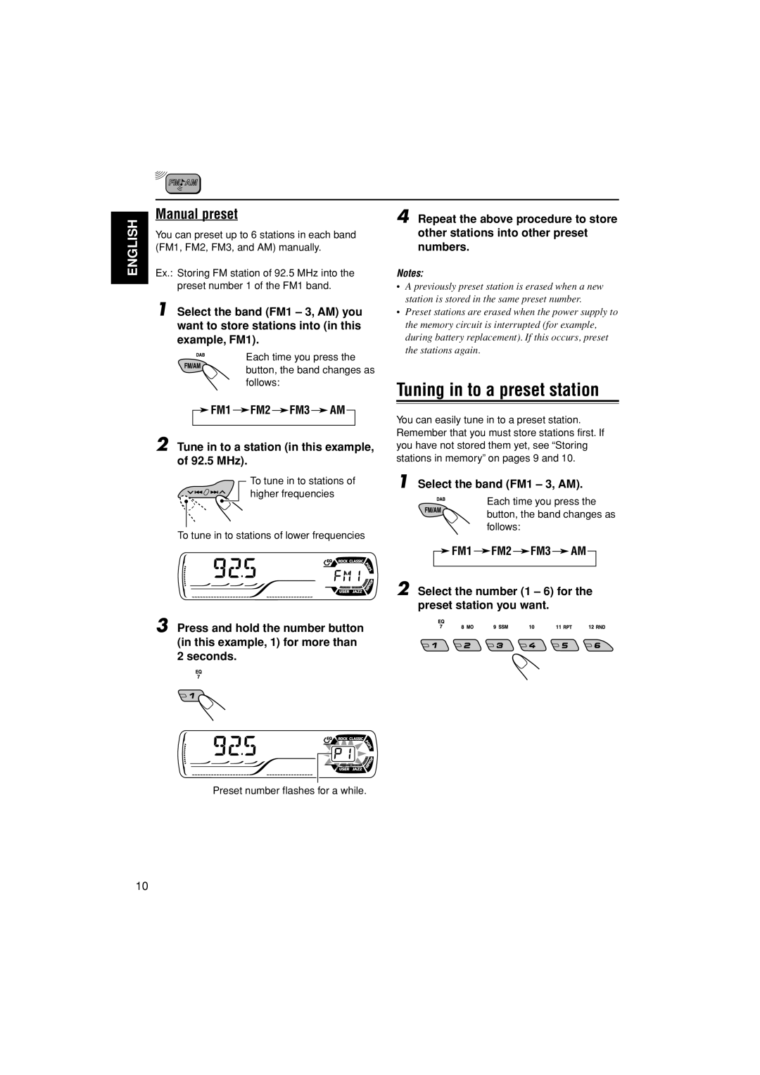 JVC GET0187-001A manual Tuning in to a preset station, Manual preset, Preset number flashes for a while 