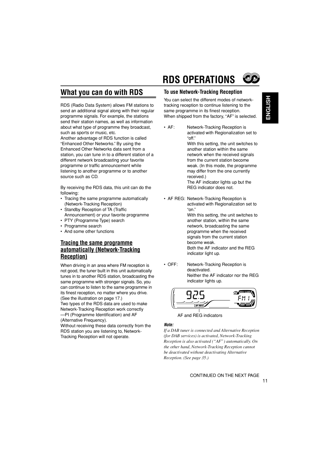 JVC GET0187-001A manual RDS Operations, What you can do with RDS, To use Network-Tracking Reception 