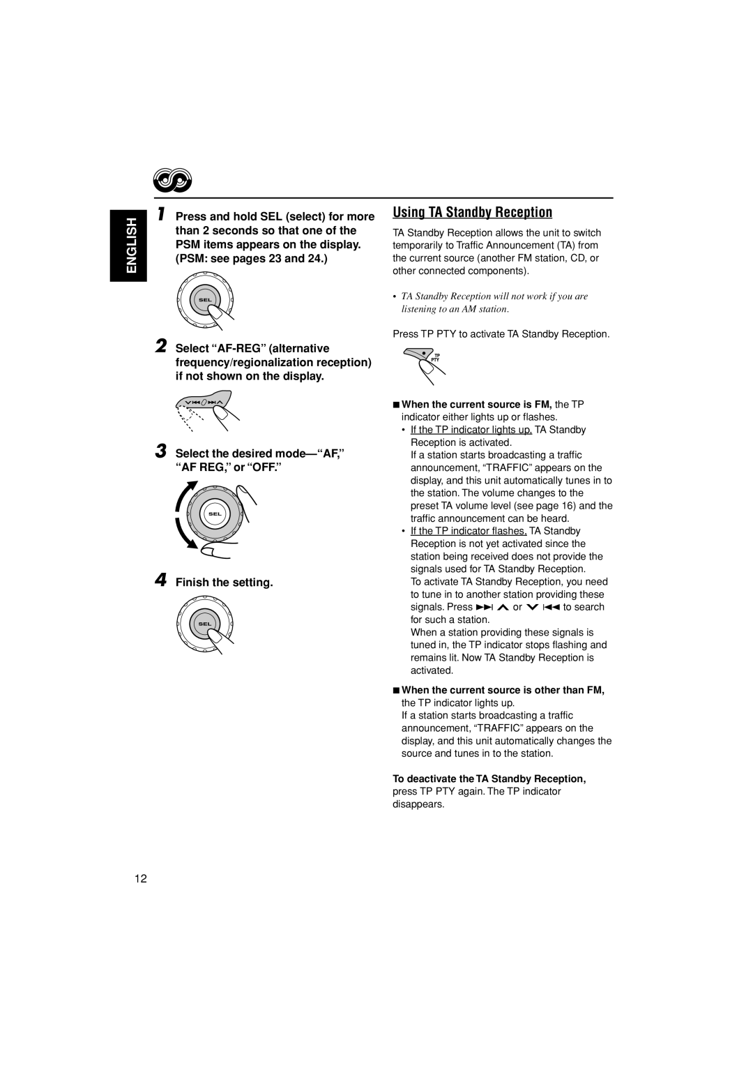 JVC GET0187-001A manual Using TA Standby Reception, Press TP PTY to activate TA Standby Reception 