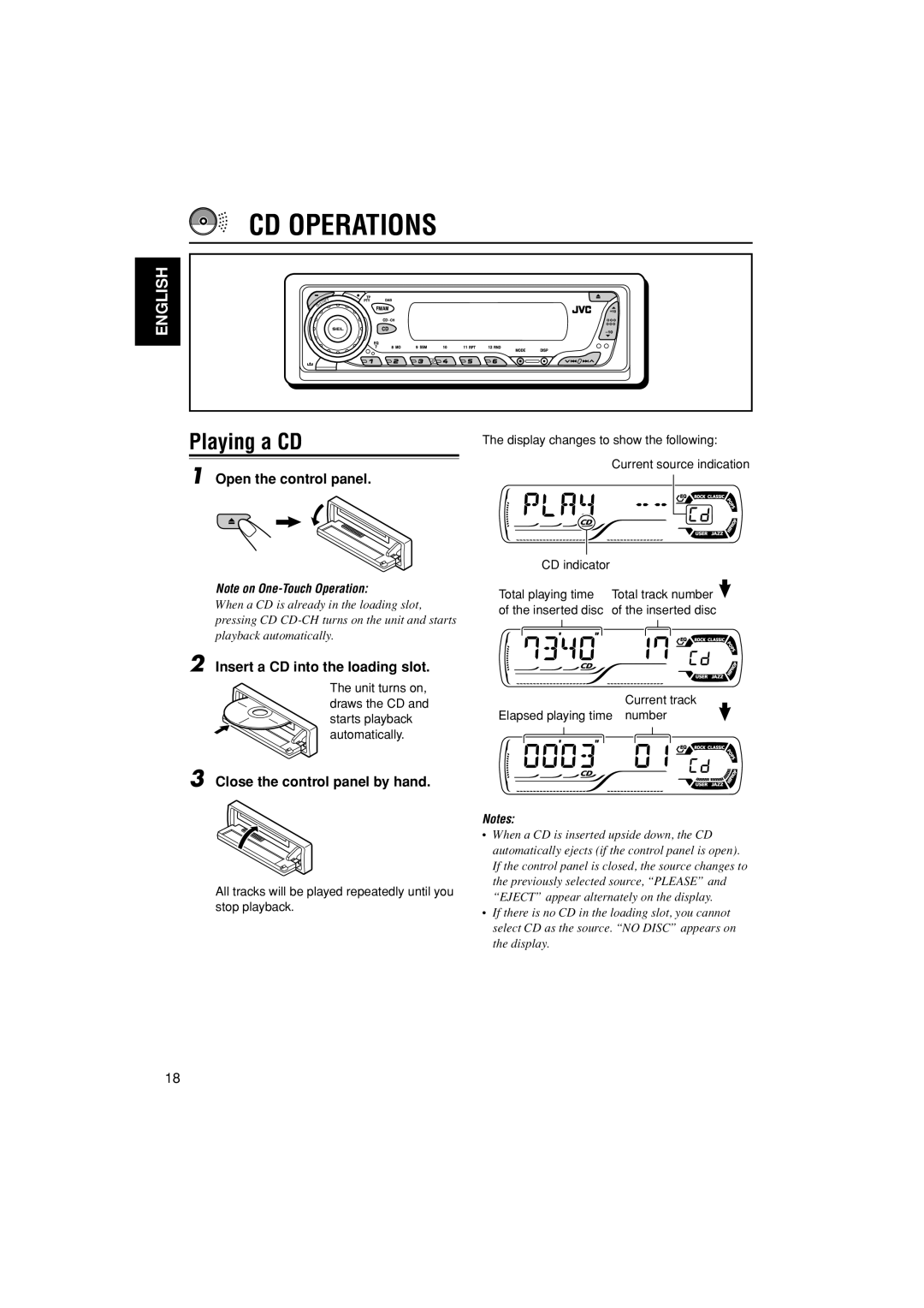 JVC GET0187-001A manual CD Operations, Playing a CD, Open the control panel, Insert a CD into the loading slot 