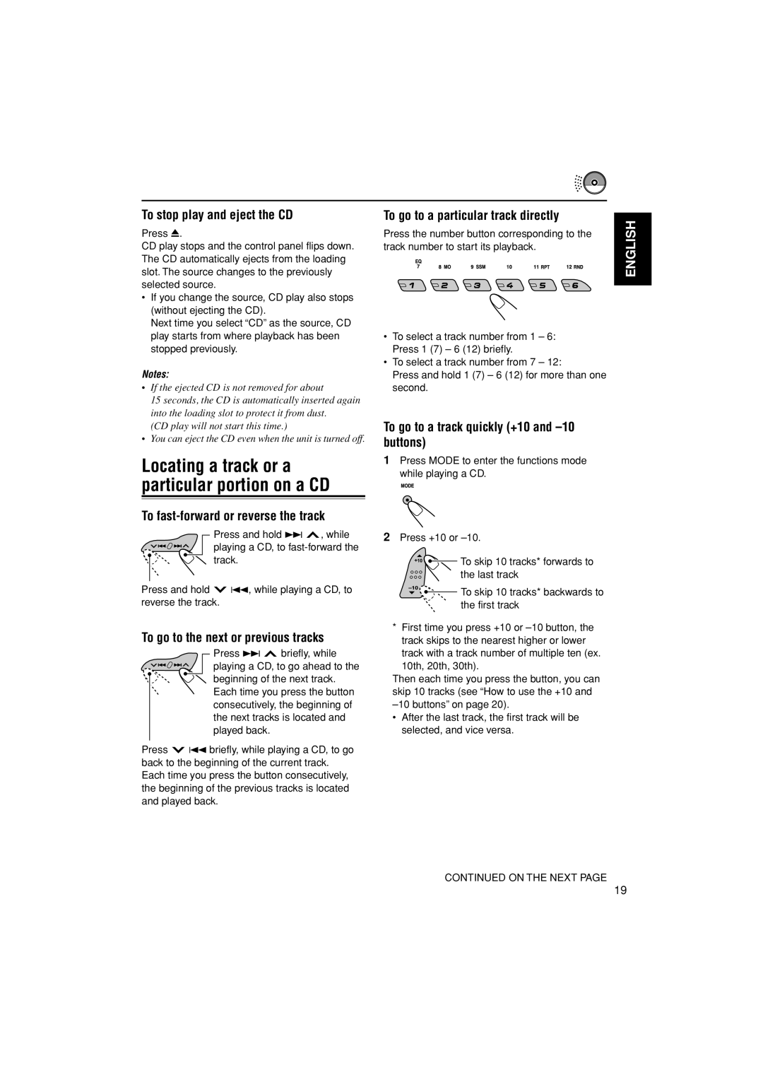 JVC GET0187-001A To stop play and eject the CD, To fast-forward or reverse the track, To go to the next or previous tracks 