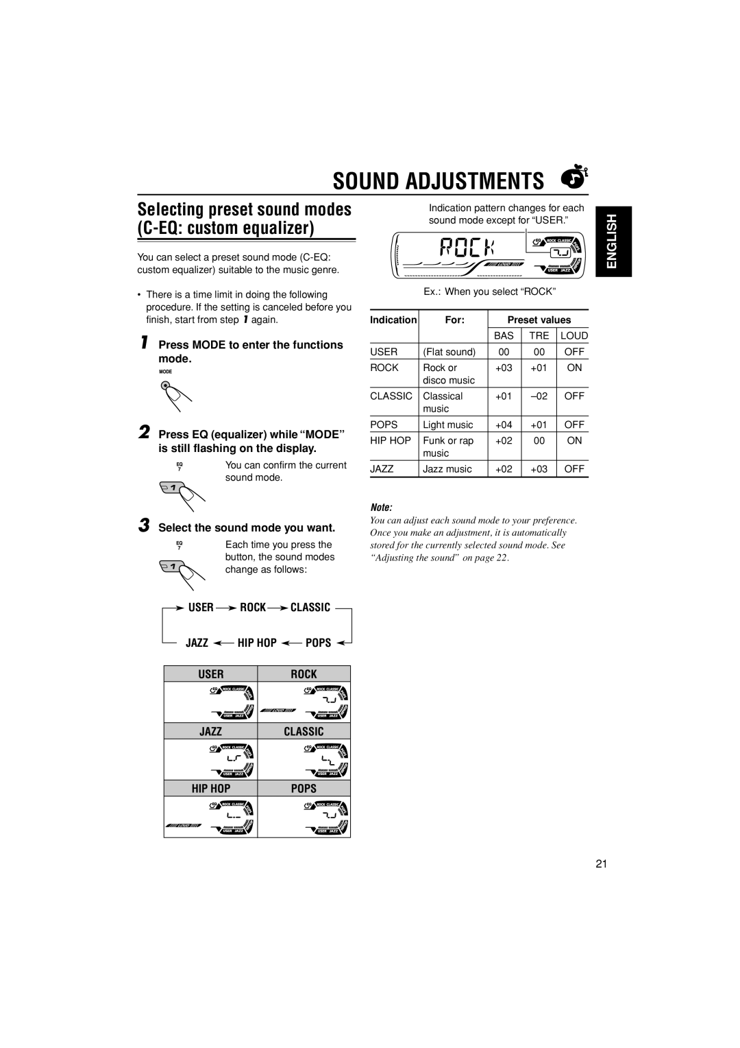 JVC GET0187-001A Sound Adjustments, Select the sound mode you want, User Rock Classic Jazz HIP HOP Pops, For Preset values 