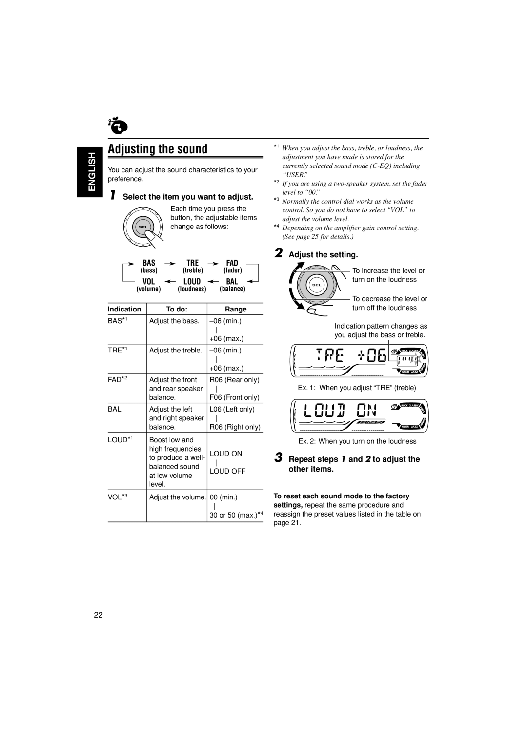 JVC GET0187-001A manual Adjusting the sound, Select the item you want to adjust, Adjust the setting 