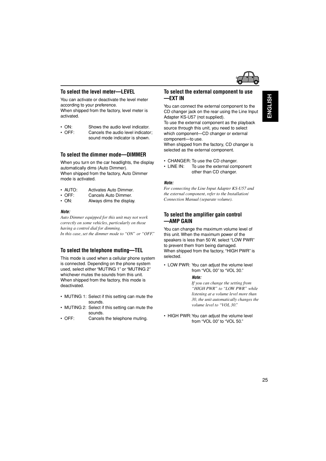 JVC GET0187-001A To select the level meter-LEVEL, To select the dimmer mode-DIMMER, To select the telephone muting-TEL 