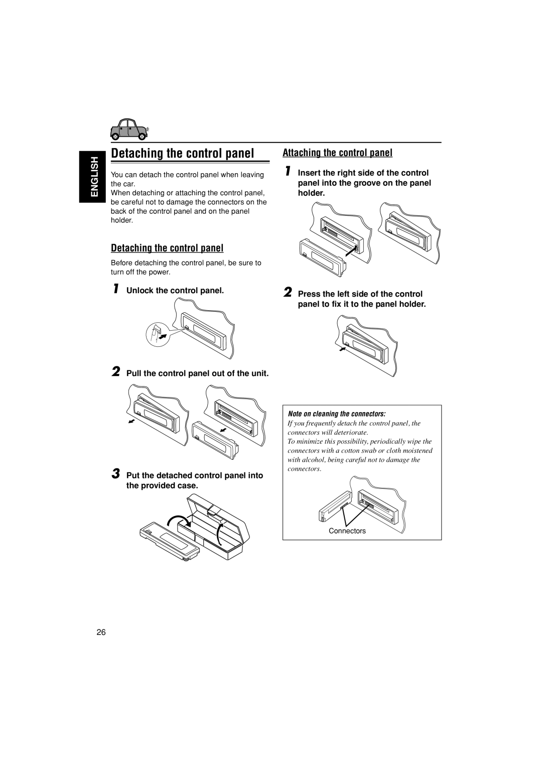 JVC GET0187-001A manual Detaching the control panel, Attaching the control panel, Connectors 