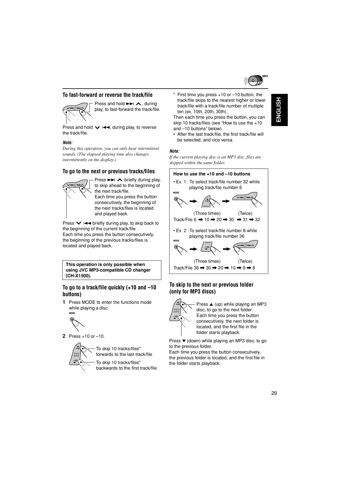 JVC GET0187-001A manual To fast-forward or reverse the track/file, To go to a track/file quickly +10 and -10 buttons 