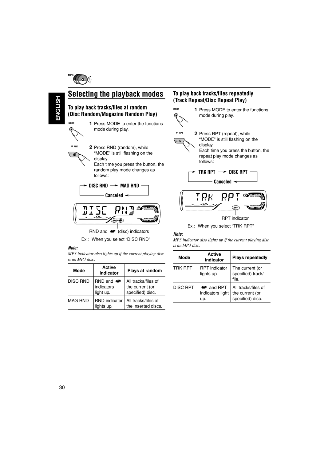 JVC GET0187-001A manual To play back tracks/files at random, Disc Random/Magazine Random Play, Canceled, TRK RPT Disc RPT 