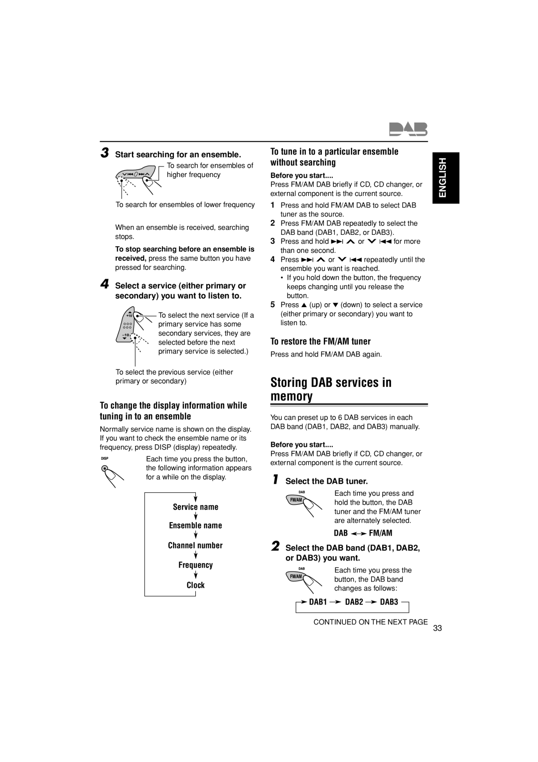 JVC GET0187-001A manual Storing DAB services in memory, To tune in to a particular ensemble without searching 