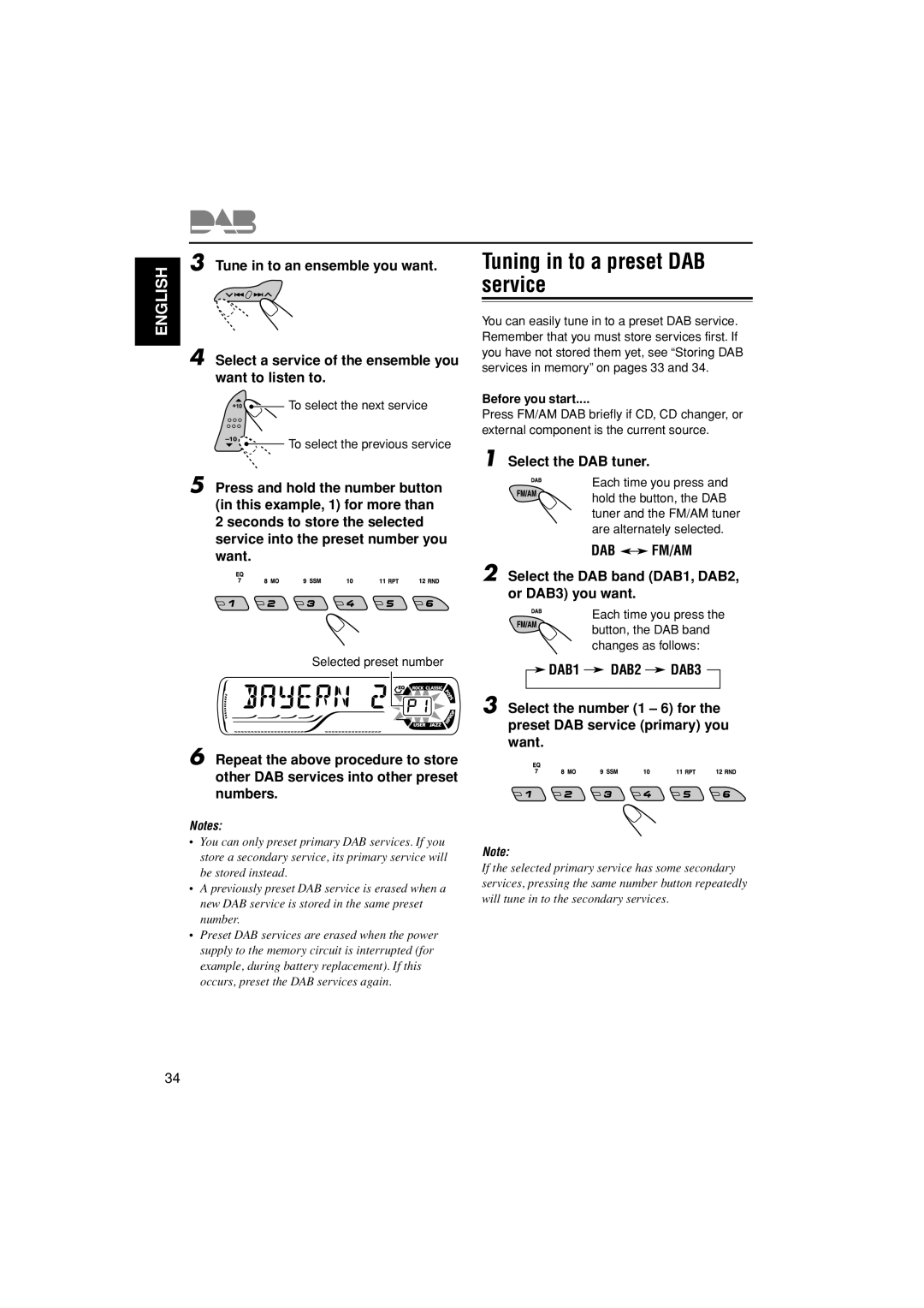 JVC GET0187-001A manual Tuning in to a preset DAB service, Select a service of the ensemble you want to listen to 