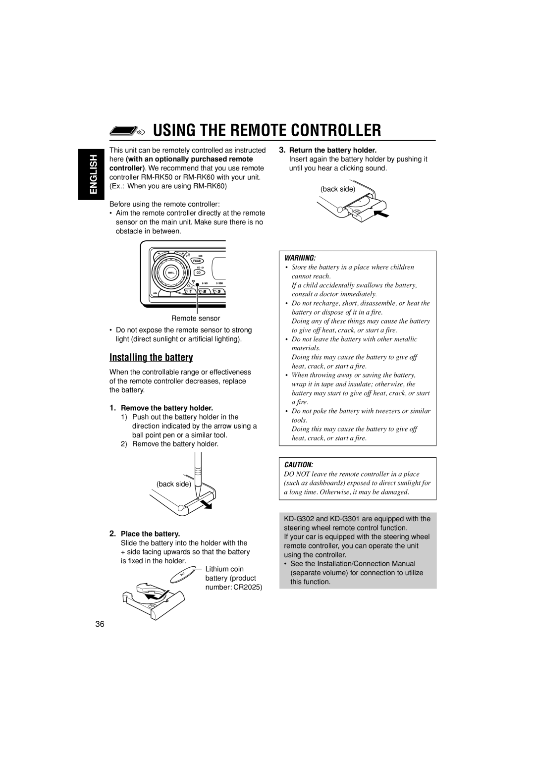 JVC GET0187-001A manual Using the Remote Controller, Installing the battery 