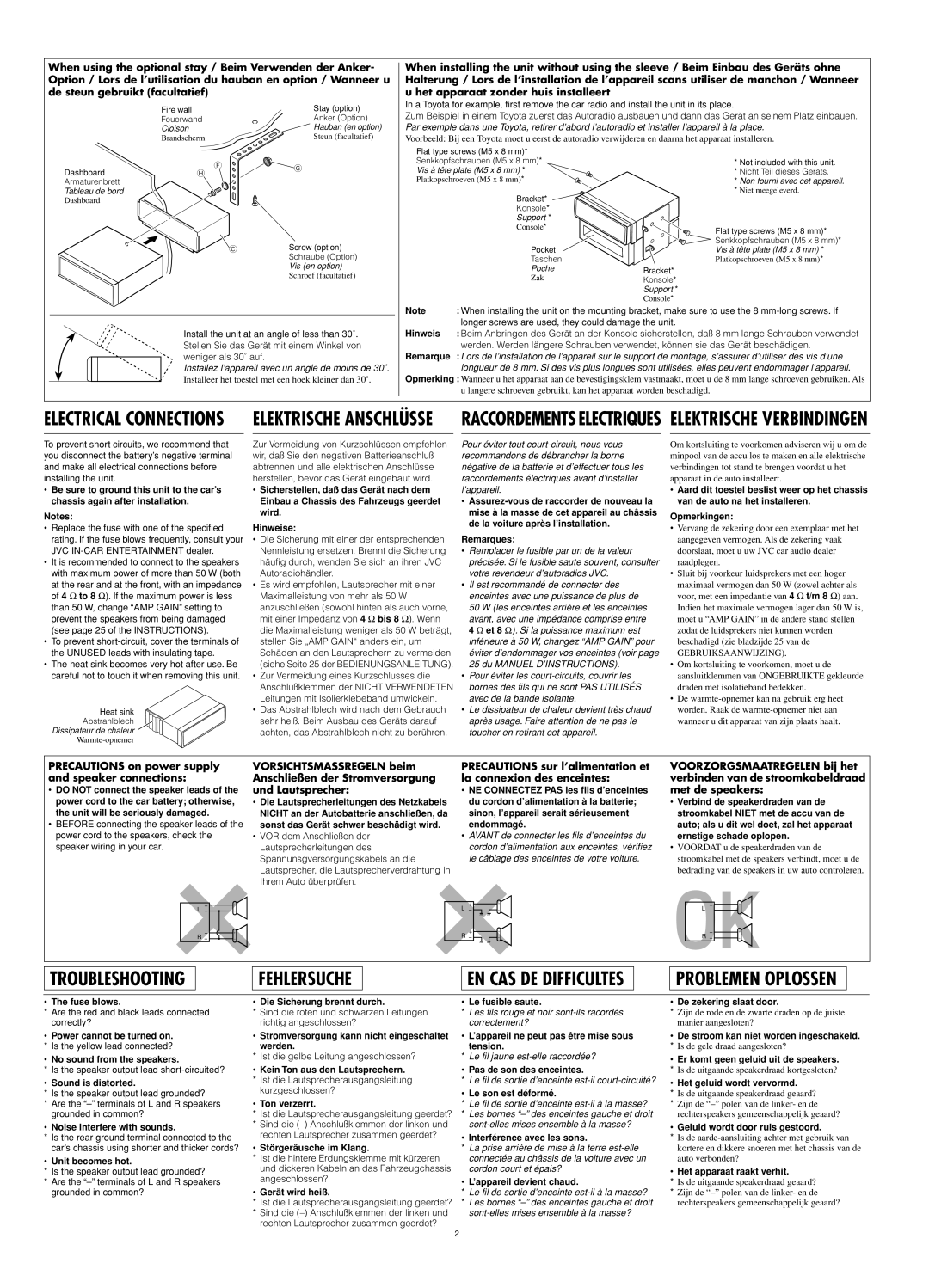 JVC GET0187-001A manual Hinweis, Remarque, Fuse blows, Sound is distorted, Noise interfere with sounds, Unit becomes hot 