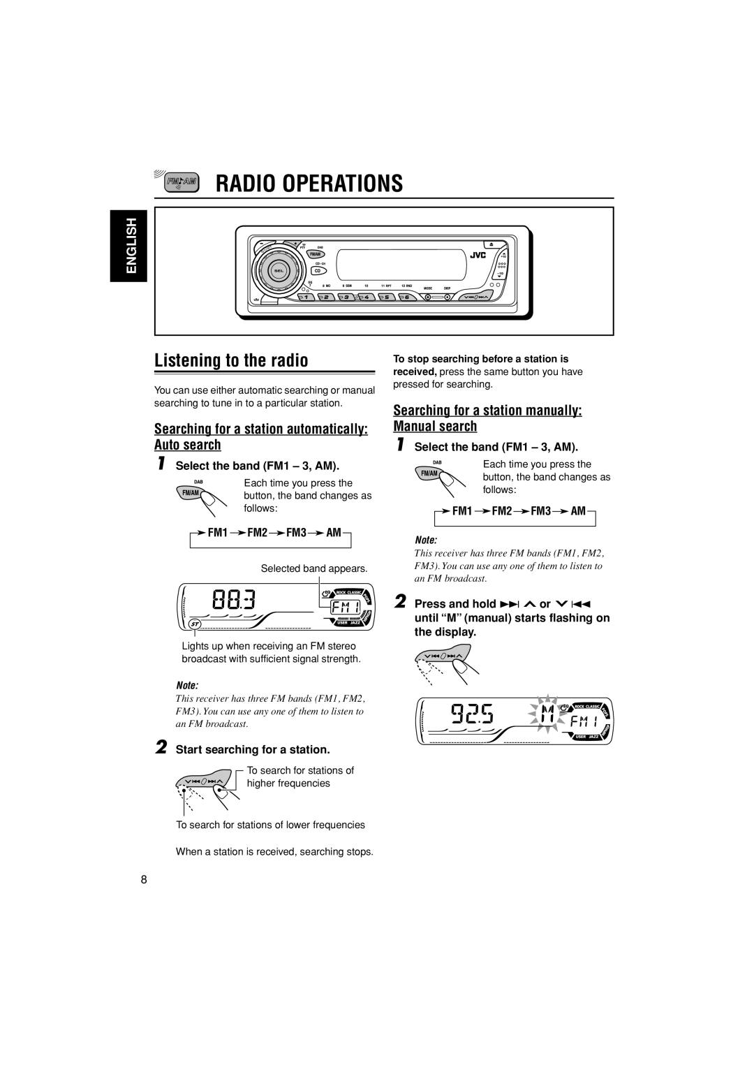 JVC GET0187-001A manual Radio Operations, Listening to the radio, Searching for a station automatically Auto search 