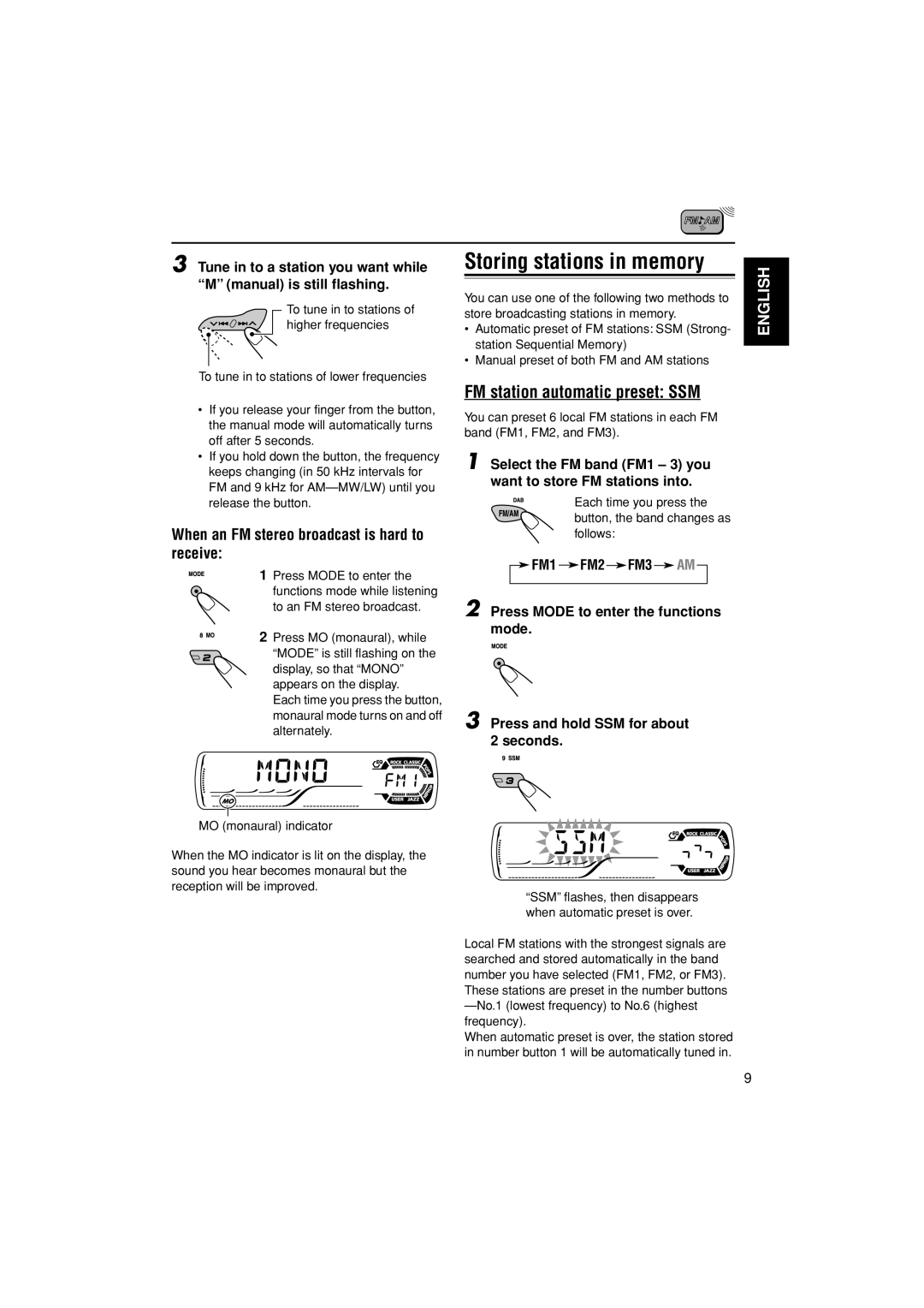 JVC GET0187-001A manual Storing stations in memory, FM station automatic preset SSM 