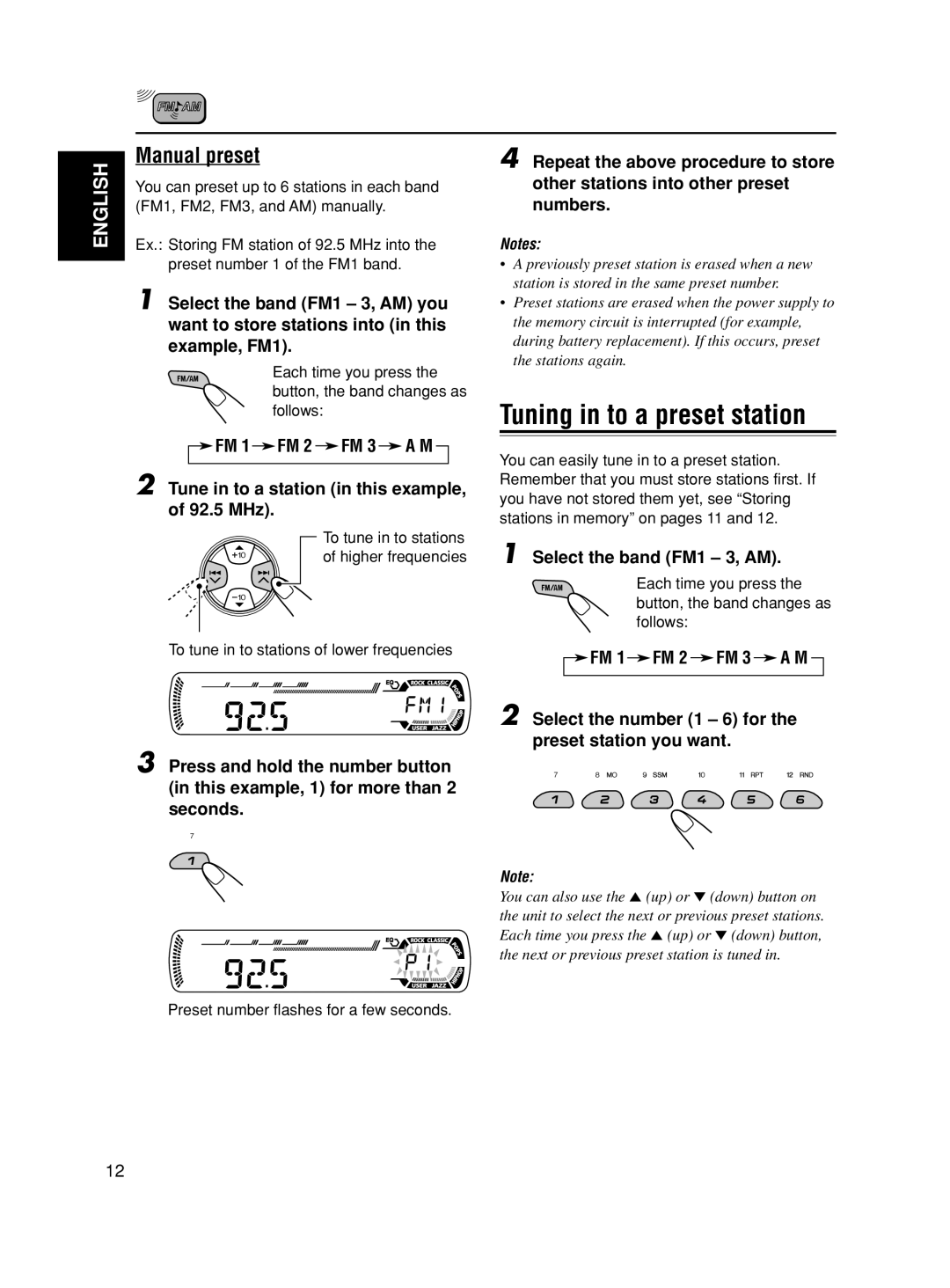 JVC GET0188-001A manual Tuning in to a preset station, Manual preset, To tune in to stations of lower frequencies 