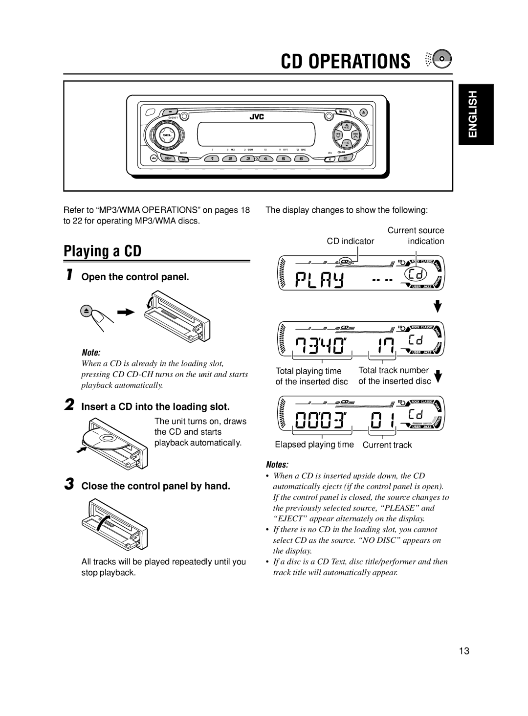 JVC GET0188-001A manual CD Operations, Playing a CD, Open the control panel, Insert a CD into the loading slot 