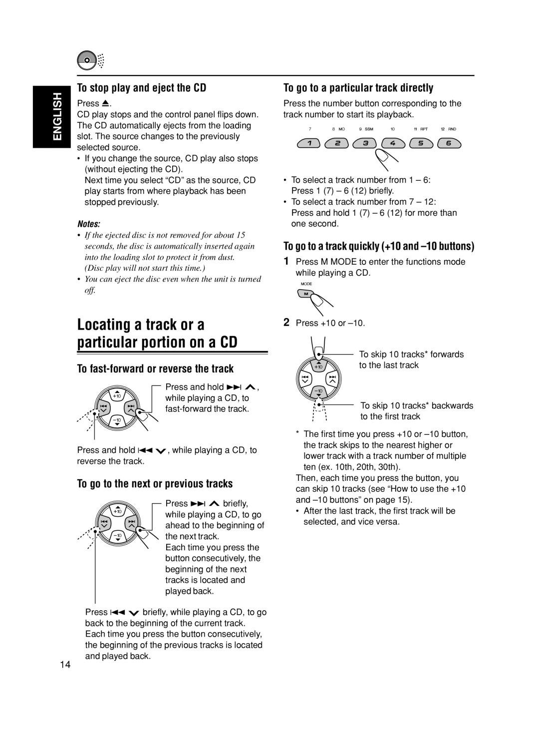 JVC GET0188-001A To stop play and eject the CD, To fast-forward or reverse the track, To go to the next or previous tracks 