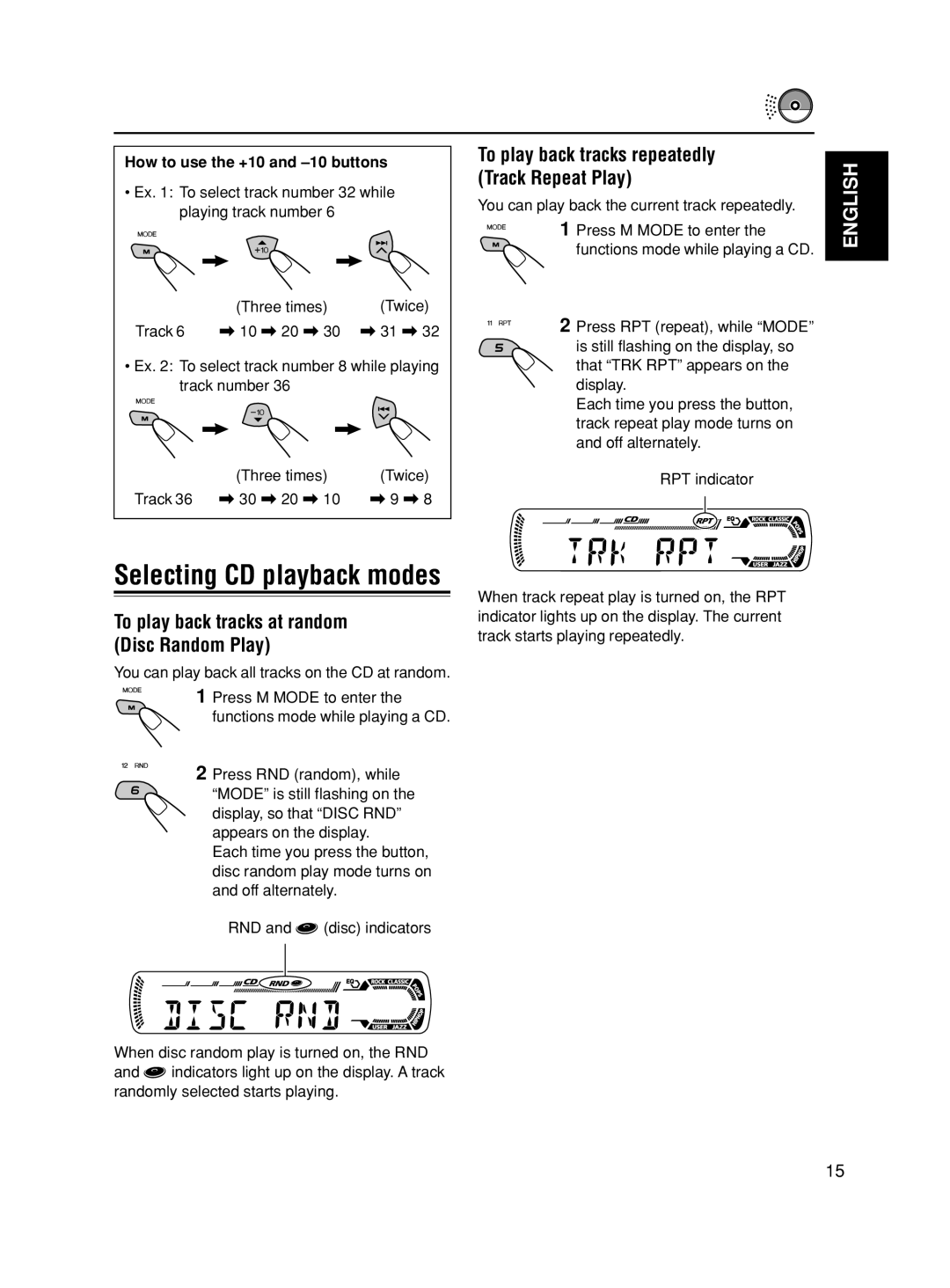 JVC GET0188-001A To play back tracks at random Disc Random Play, How to use the +10 and -10 buttons, Track 36 \ 30 \ 20 