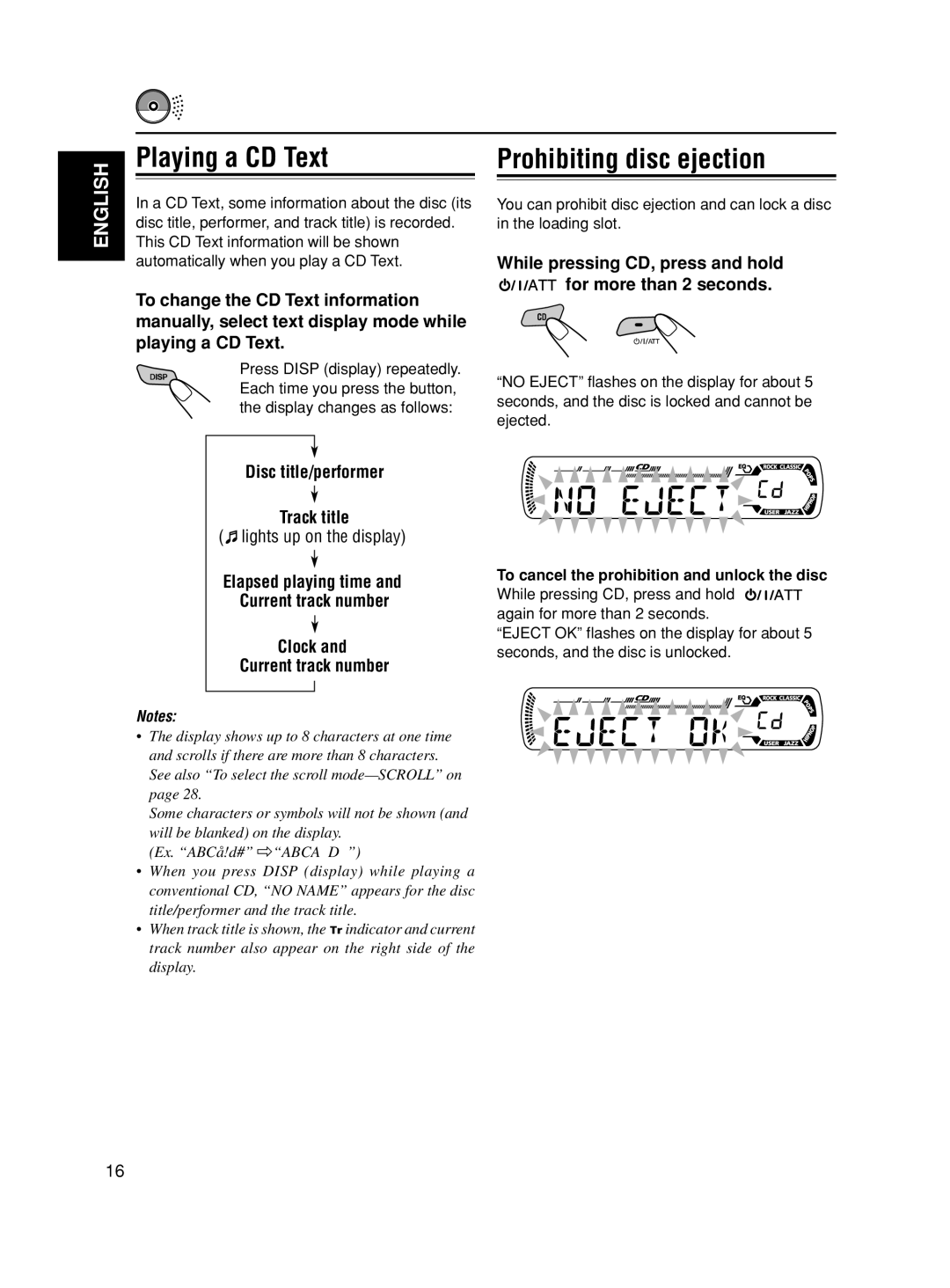 JVC GET0188-001A Playing a CD Text Prohibiting disc ejection, While pressing CD, press and hold for more than 2 seconds 