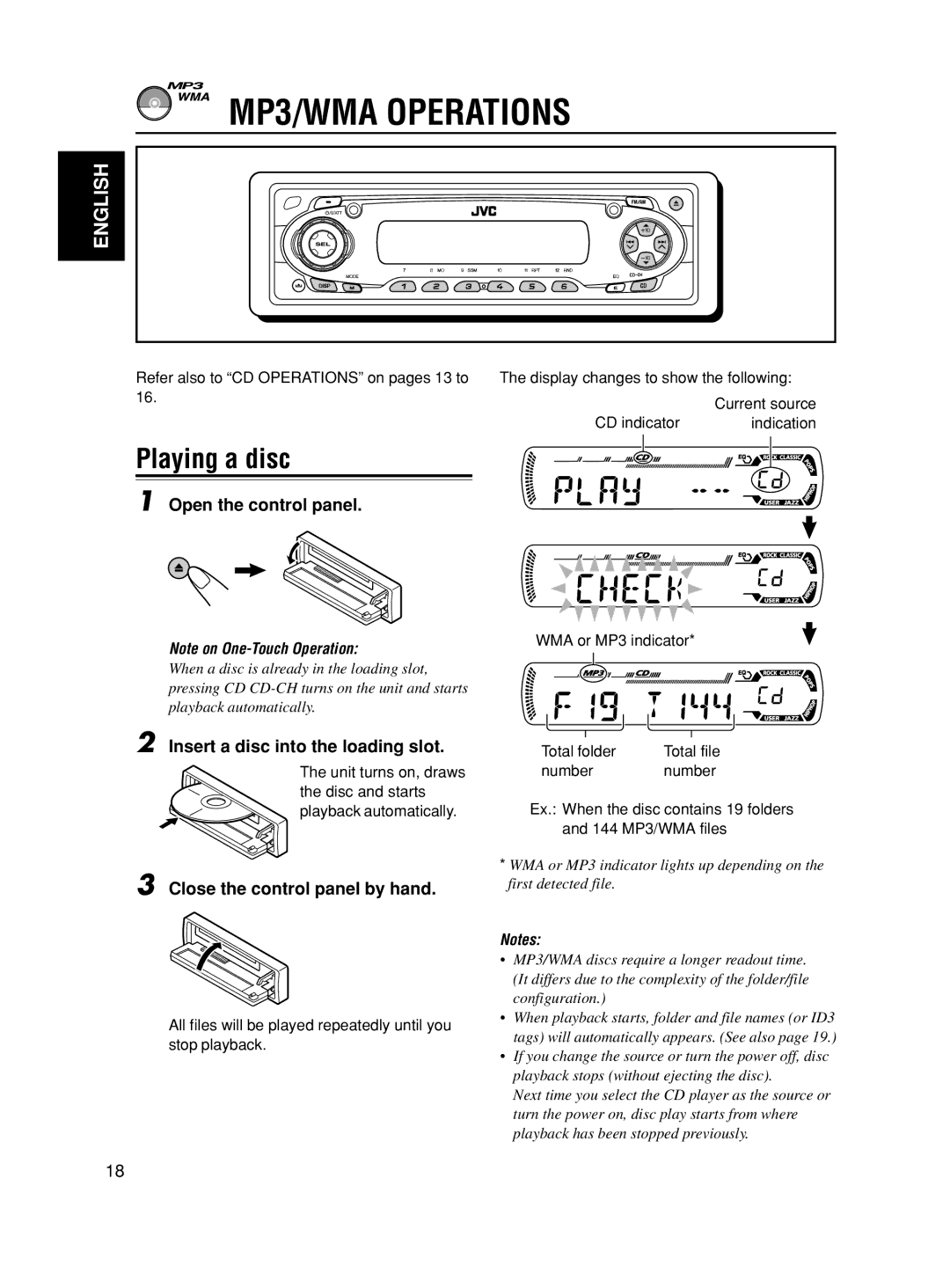 JVC GET0188-001A manual MP3/WMA Operations, Playing a disc, Insert a disc into the loading slot 